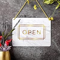 Vista 4 de Stockroom Plus Letrero abierto y cerrado – Acabado de mármol dorado – Letrero colgante reversible – Exhibición de horario comercial – Paquete de 2