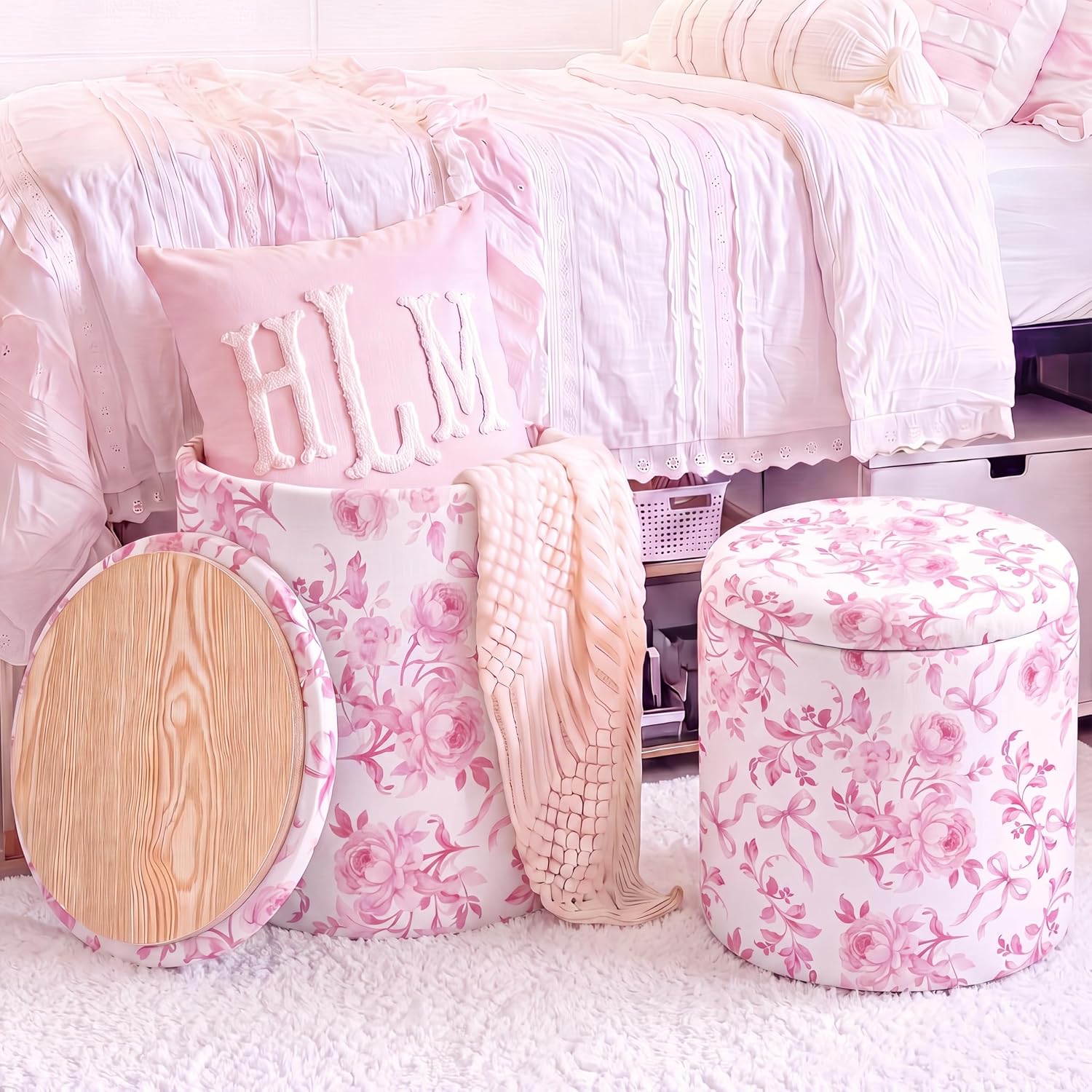 Geetery 2 Pcs Dorm Ottoman with Storage Pink Bow Floral Round Ottoman