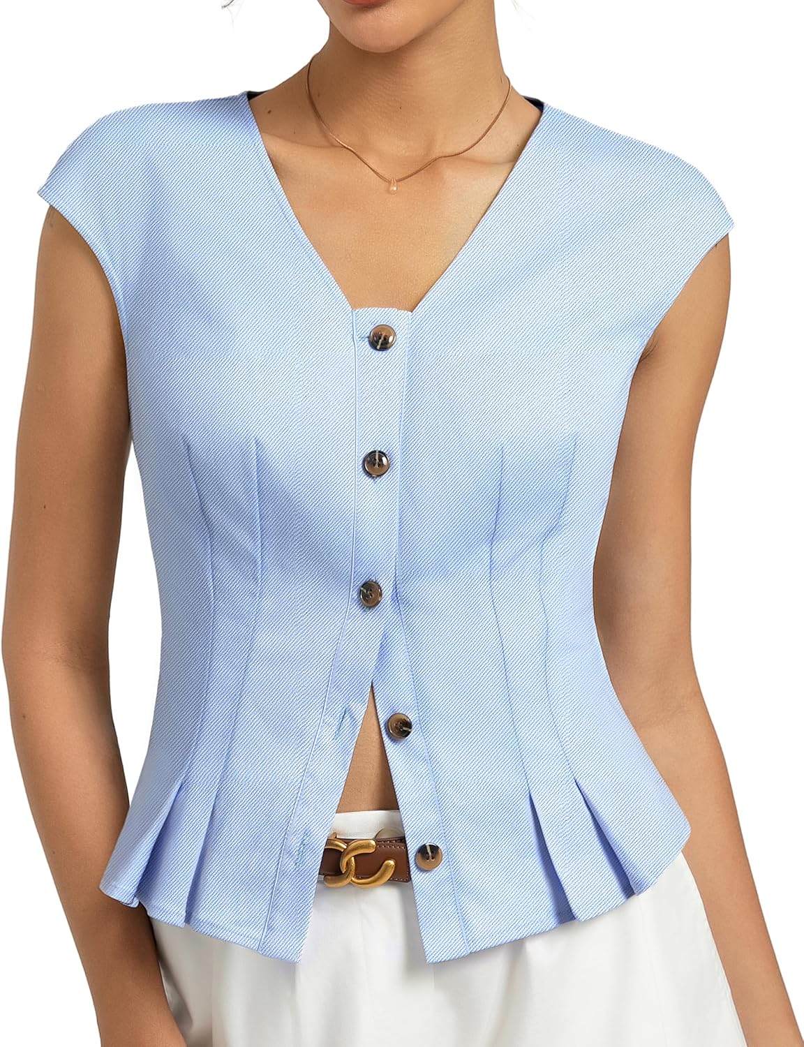 Kate Kasin Womens Button Down Crop Tops, Cap Sleeve Work Shirt, Slim Fit Cute Vest Trendy