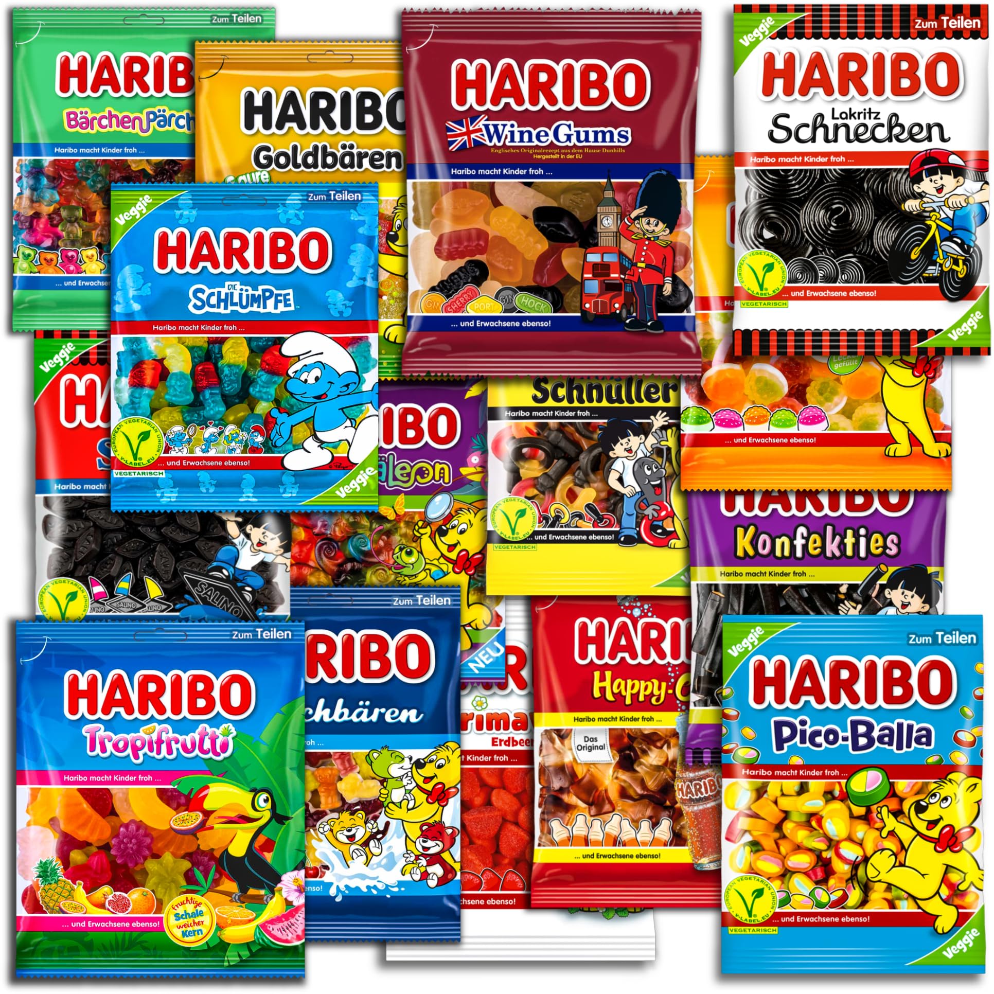 15 er Set Haribo Mischung Überraschungspaket/Mischpaket/Partypaket/Fruchtgummi/Lakritz und Schaumzucker 15x 160-175g
