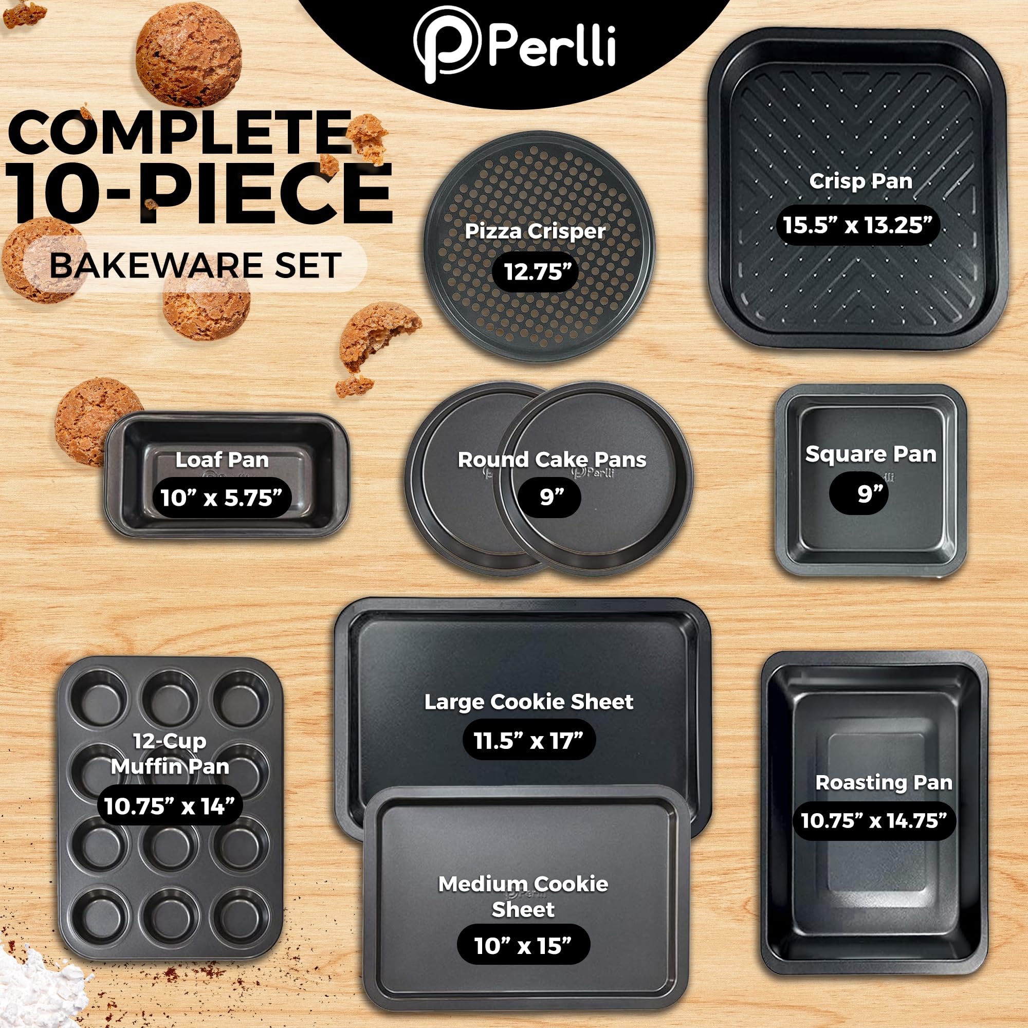 PERLLI 10-teiliges Backformen-Set mit Antihaftbeschichtung, inkl. Backformen, Pizzablech, Braten, Brot, Muffin, 2 runde Kuchenbackformen, große und mittelgroße antihaftbeschichtete Keksbleche