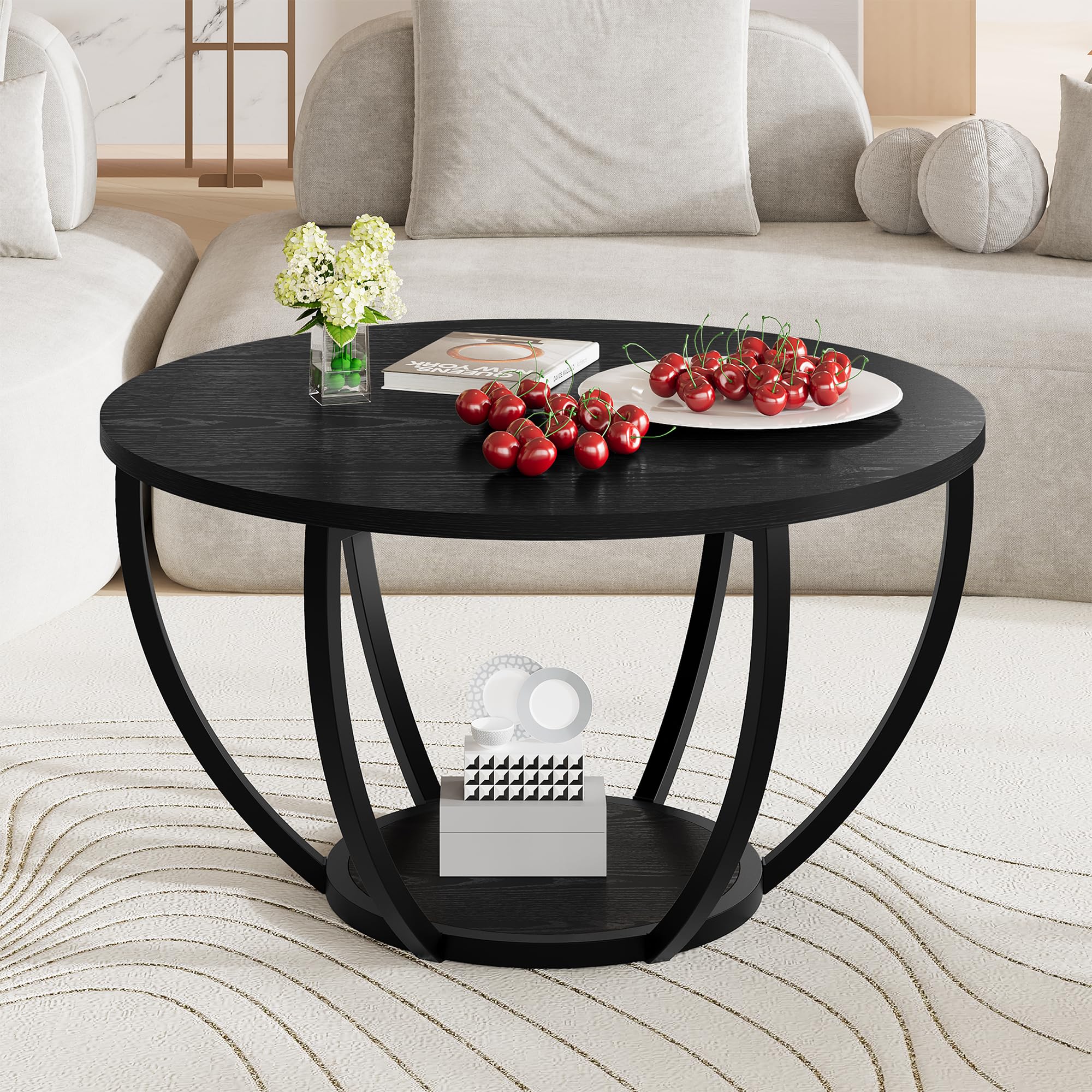 HOMERECOMMEND Round Coffee Table with Storage Shelves,2-Tier Circle Wood Coffee Tables for Living Room,Sofa Table Center Table for Home Office, Black