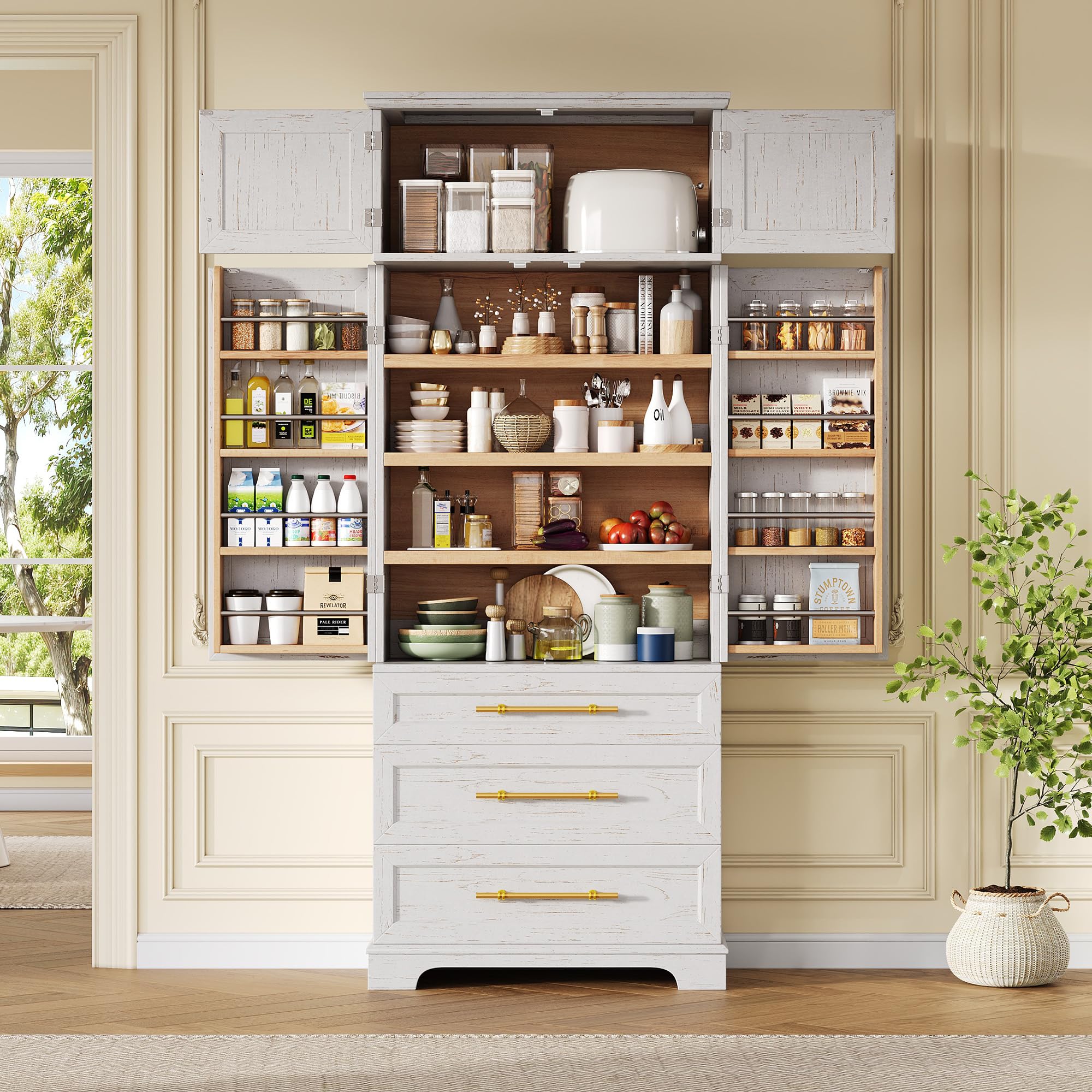 Ball &amp; Cast 78″Tall Farmhouse Kitchen Pantry Cabinet with 8 Door Shelves &amp; 3 Large Drawers,Versatile Pantry Storage Cabinet w/3 Adjustable Shelves for Kitchen,Dining Room,Retro White