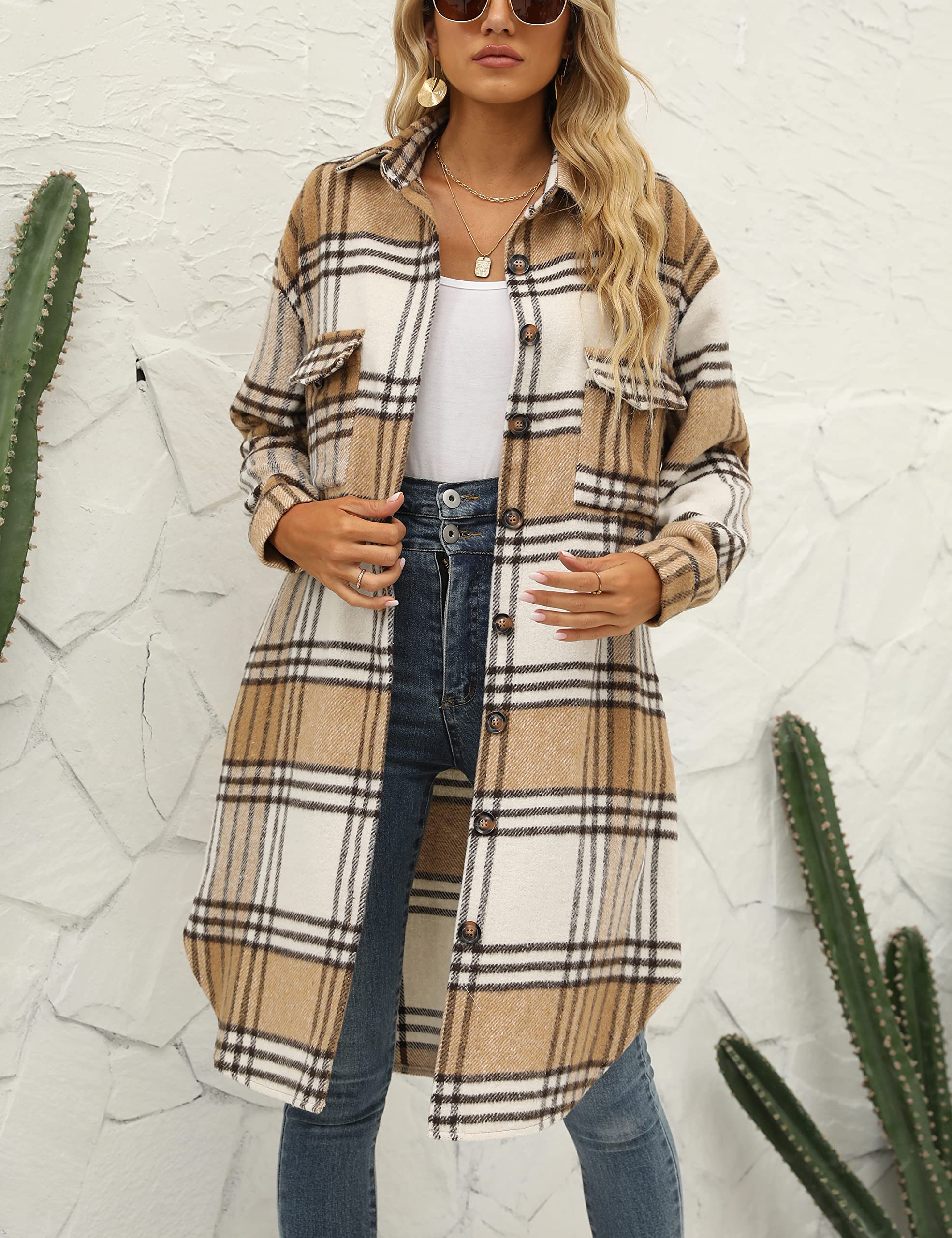 SeekMe Women's Long Plaid Shirt Jacket Shacket Lapel Button Down Woolen Blend Casual Tartan Over Shirt Trench Coat