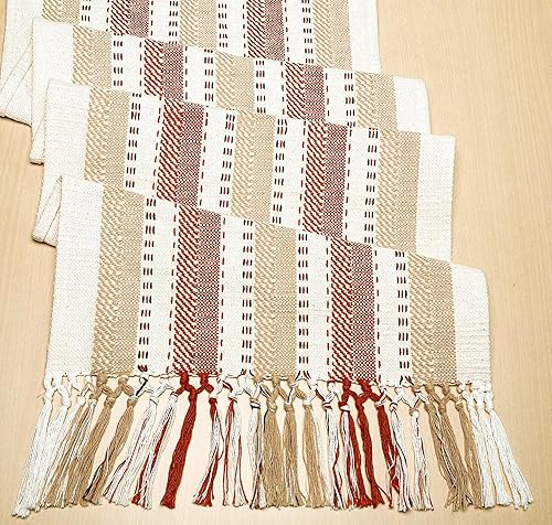 Miniatura 5 de CHARDIN HOME Camino de mesa de algodón reciclado marfil, beige y óxido, caminos de mesa tejidos a mano con flecos anudados, 14 x 72 pulgadas, ideal