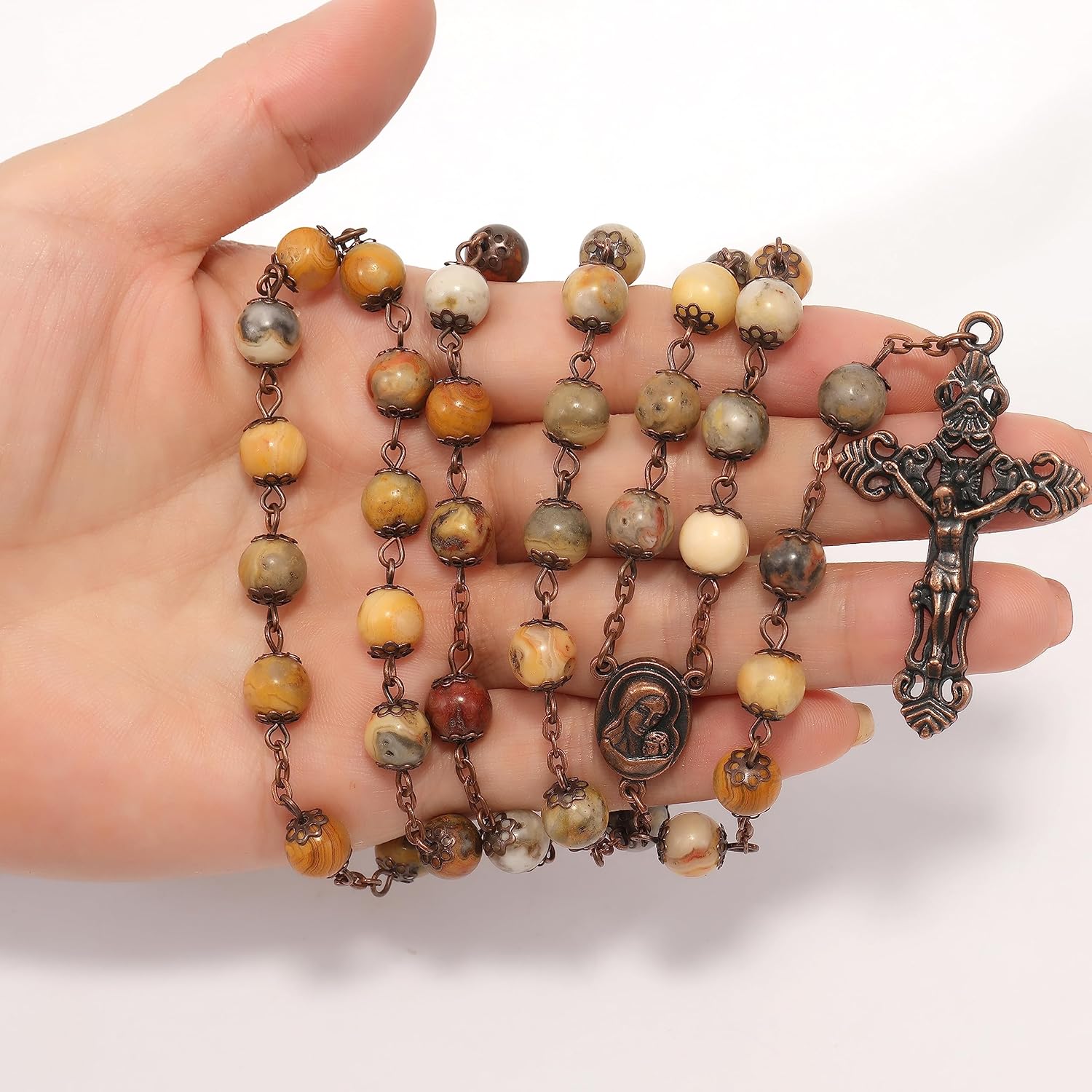 Nazareth Store Natural Stone Beads 8mm Rosary Necklace Antique Copper Design Holy Soil Medal & Cross in Velvet Bag - Catholic Rosaries Terra Santa Jerusalem Collection - Image 7