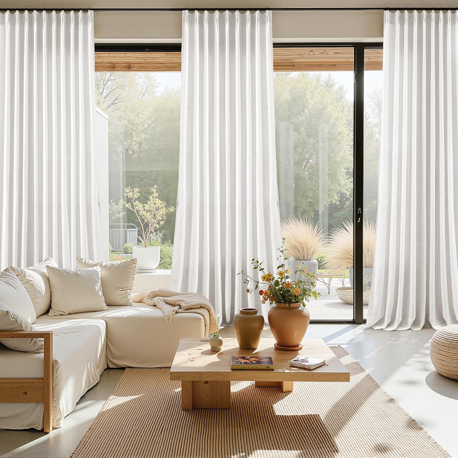 Hiasan Pinch Pleated Curtains 84 Inches Long 2 Panel for Living Room Bedroom Light Filtering Linen Pleated Curtains with Hooks & Tiebacks Farmhouse Thick Linen Darpes for Dining Room, Natural White