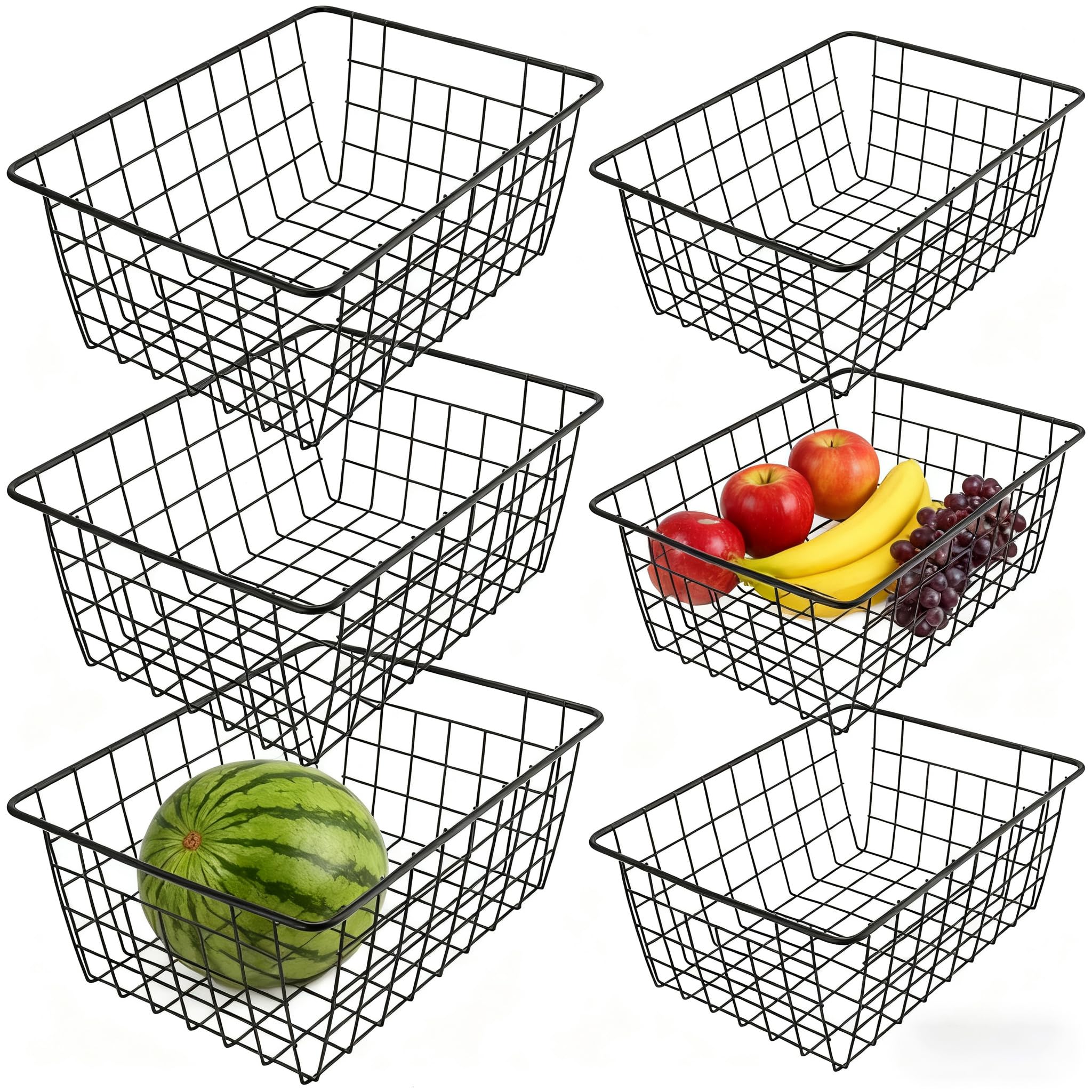 Muklei Black 6 Pcs Wire Storage Baskets, 2 Different Sizes Metal Wire Freezer Baskets, Pantry Storage Bin Basket For Bathroom, Fridge, Office, Freezer, Cabinet, Shelf, 28X22x12cm, 36X29x16cm