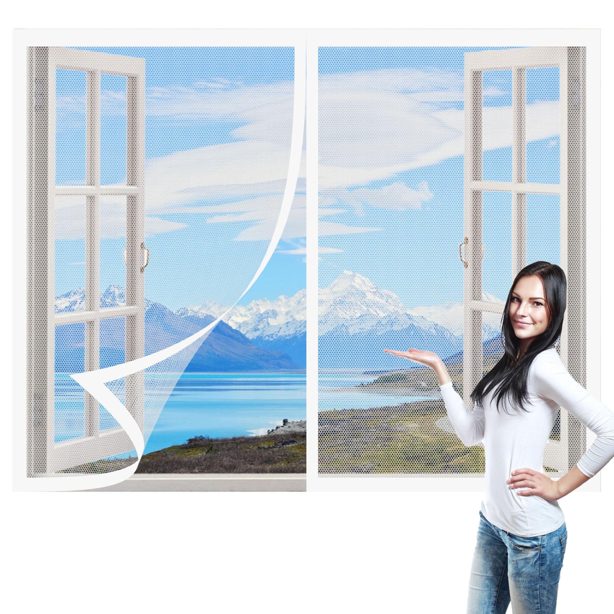 Window Fly Screen 165 x 135 cm with Selfadhesive DIY Fly Screen for Windows Easy Installation for Living Room Bedroom Offfice, White
