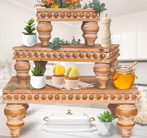 Felt Creative Home Goods Elevadores de madera [Juego de 3] Elevadores de granja de alta calidad | Elevadores de madera con cuentas para exhibición |