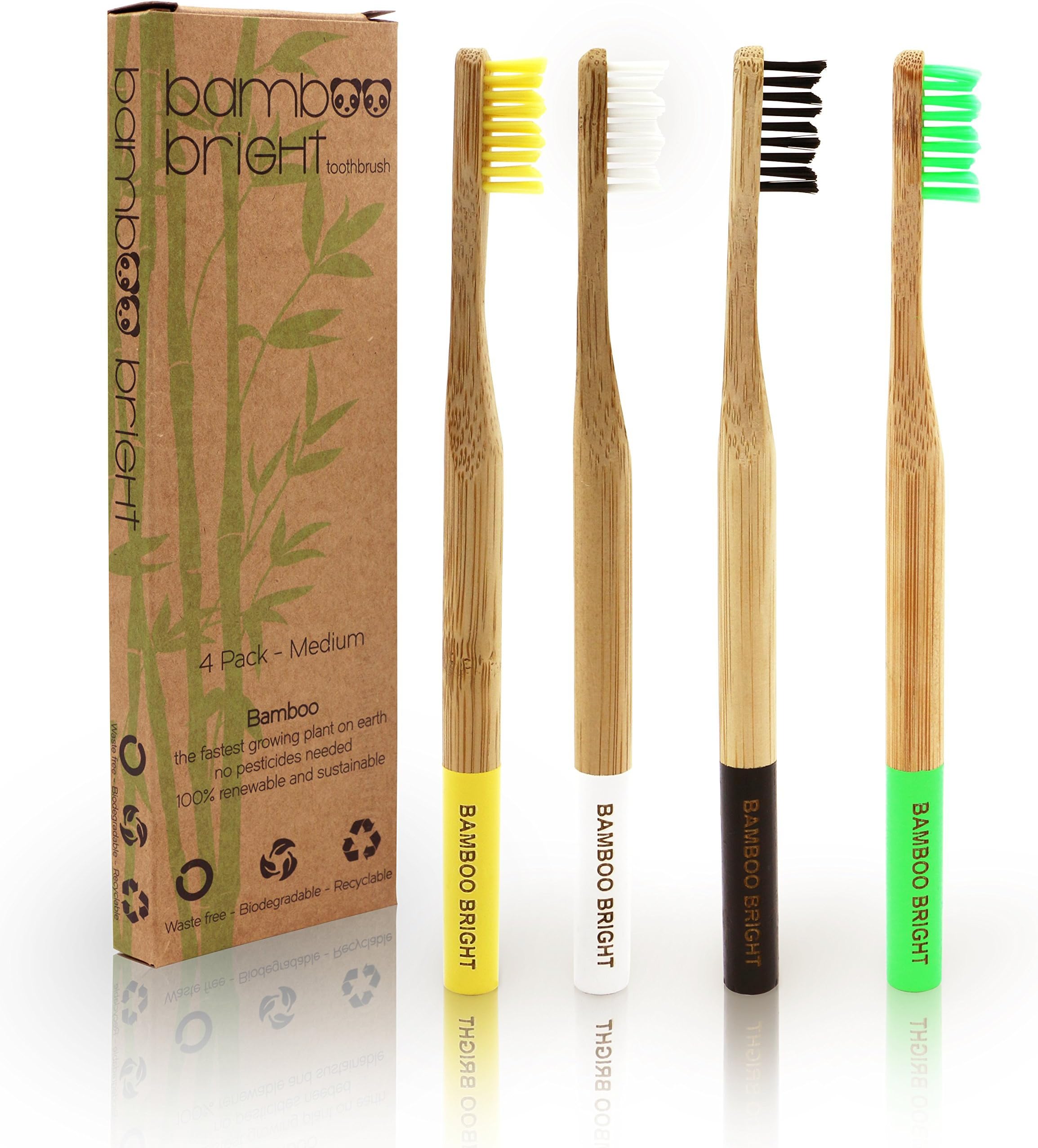 4 Durable Waste-Free Bamboo Toothbrushes by Bamboo Bright | Medium