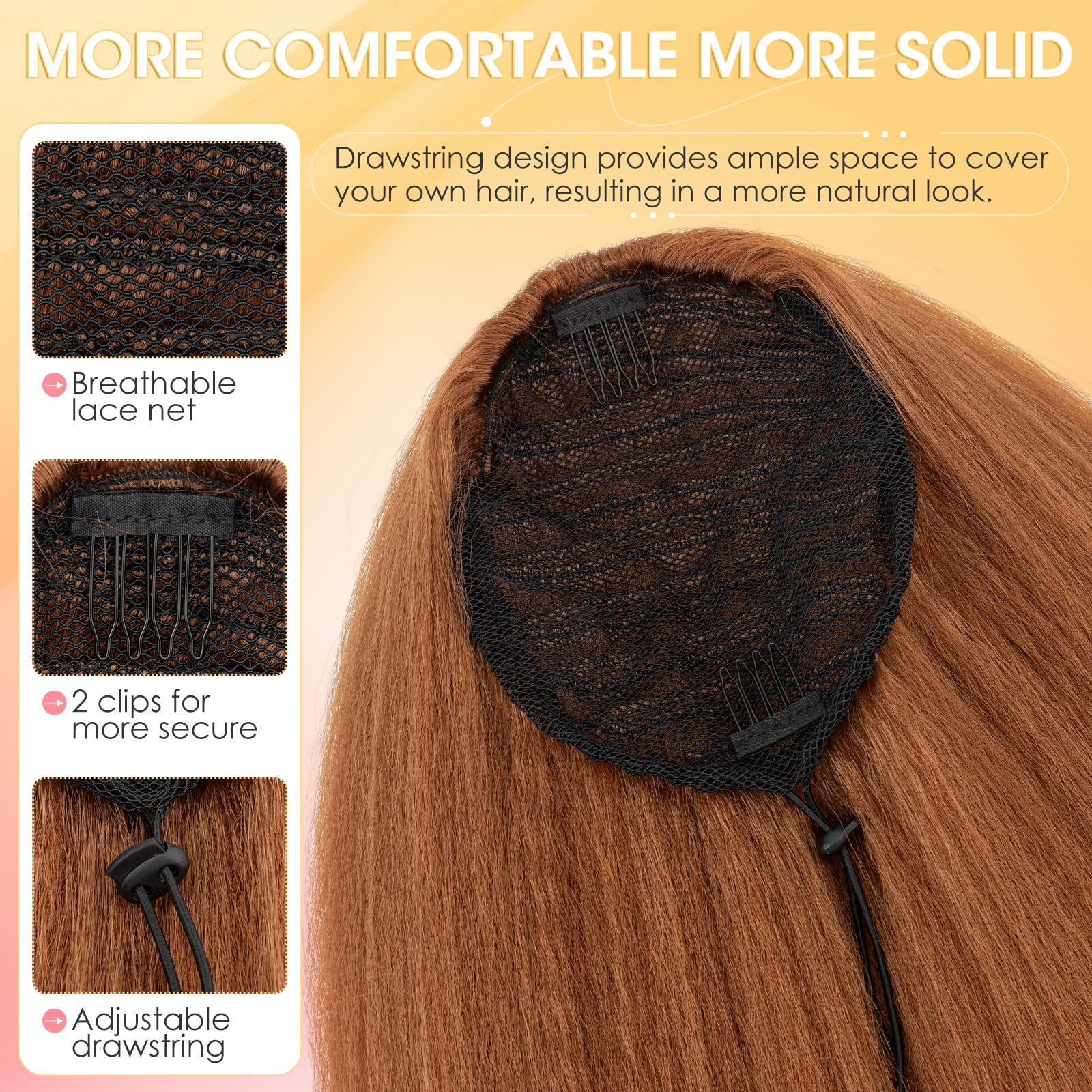 Silk-co Yaki Hair Ponytail Drawstring Ponytail for Black Women Yaki Straight Ponytail Hair Extension Long Thick Pony Tail Clip in Synthetic Hairpiece 24 Inch(60 cm-150g) Light Auburn - Image 4