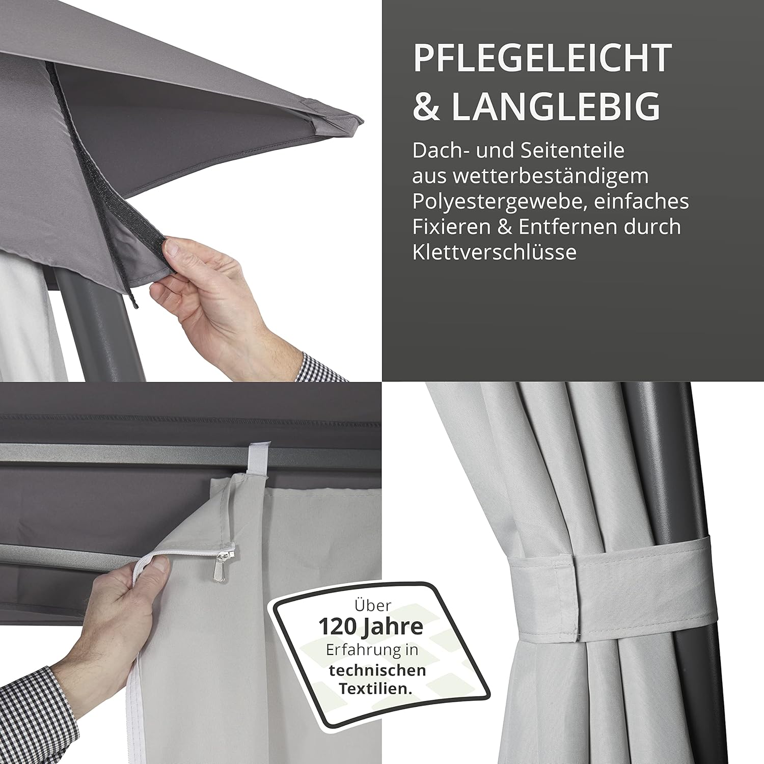 Close-up showing how the side panels are attached and secured with zippers and hook-and-loop fasteners