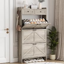 Shoe Cabinet with 3 Flip Drawers & 2 Top Drawers, 57" Tall Freestanding Narrow Wooden Shoe Storage Organizer for Entryway, Hidden Slim Shoe Rack for Front Door Entrance, Hallway, Living Room, Grey