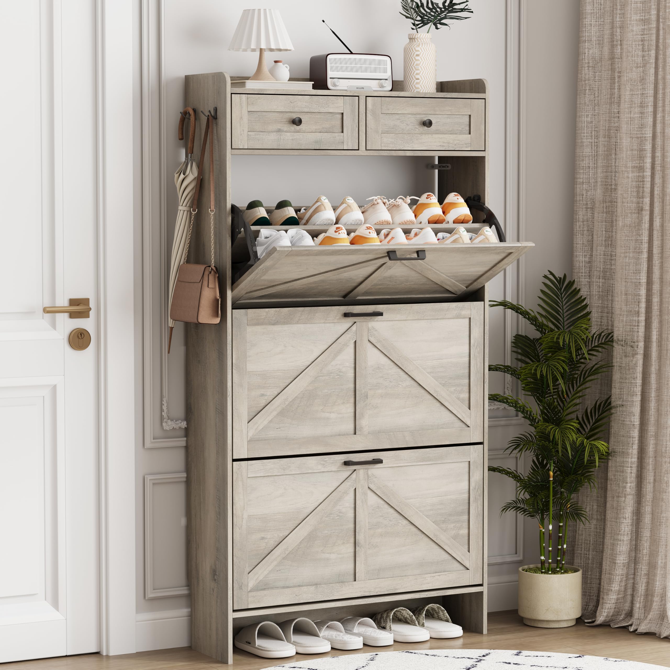 Shoe Cabinet with 3 Flip Drawers &amp; 2 Top Drawers, 57" Tall Freestanding Narrow Wooden Shoe Storage Organizer for Entryway, Hidden Slim Shoe Rack for Front Door Entrance, Hallway, Living Room, Grey