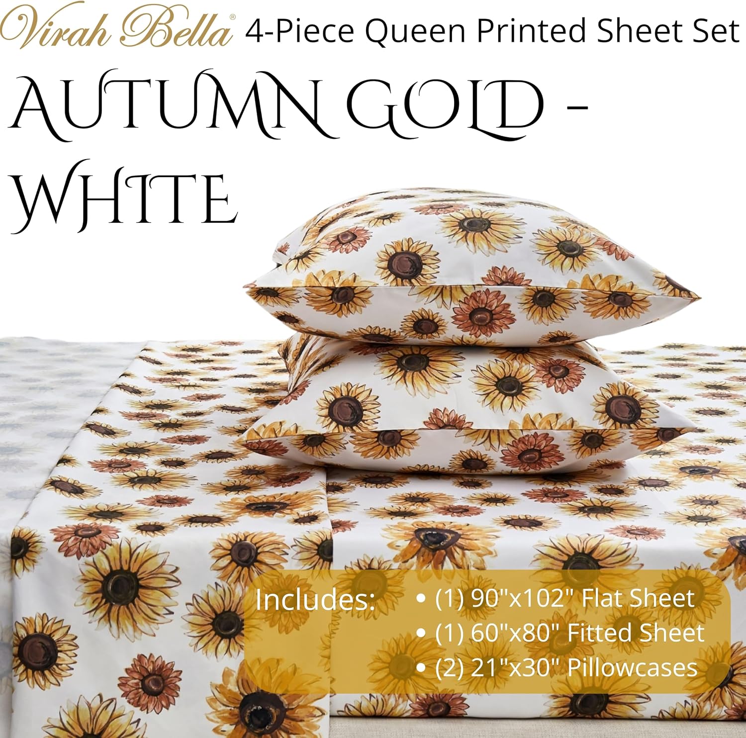 Virah Bella 4-Piece Queen-Size Printed Microfiber Bed Sheet Set - Autumn Gold - White