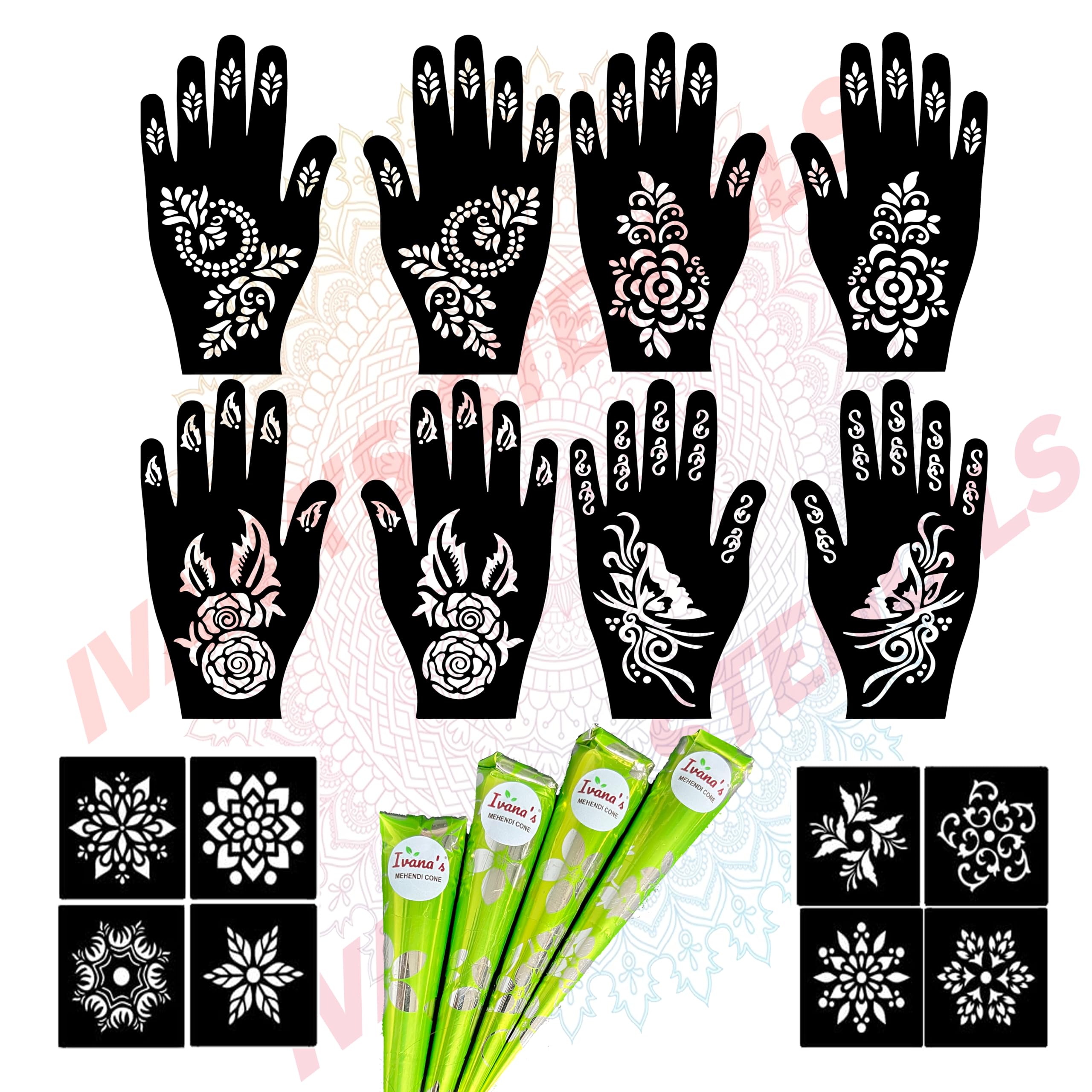 Ivana's Mehndi Tattoo Stencil Mehndi Design for Hands Set of 20 pc Combo Pack with Mehandi Cone 4 Pcs,8 Pcs Round Stencils for Women, Girls and Kids, Easy to Use in Just 4 Simple Steps- CPTM-2015