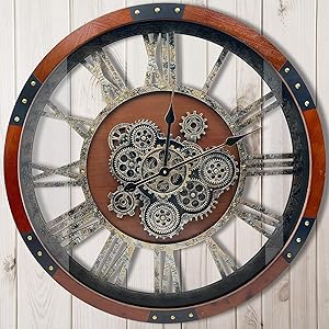 DORBOKER 36" Original Moving Gears Wall Clock, Large Industrial Wall Clock for Living Room Decor,Oversized Wood Vintage Farmhouse Steampunk Rustic Clocks for Wall Decor,Black Walnut