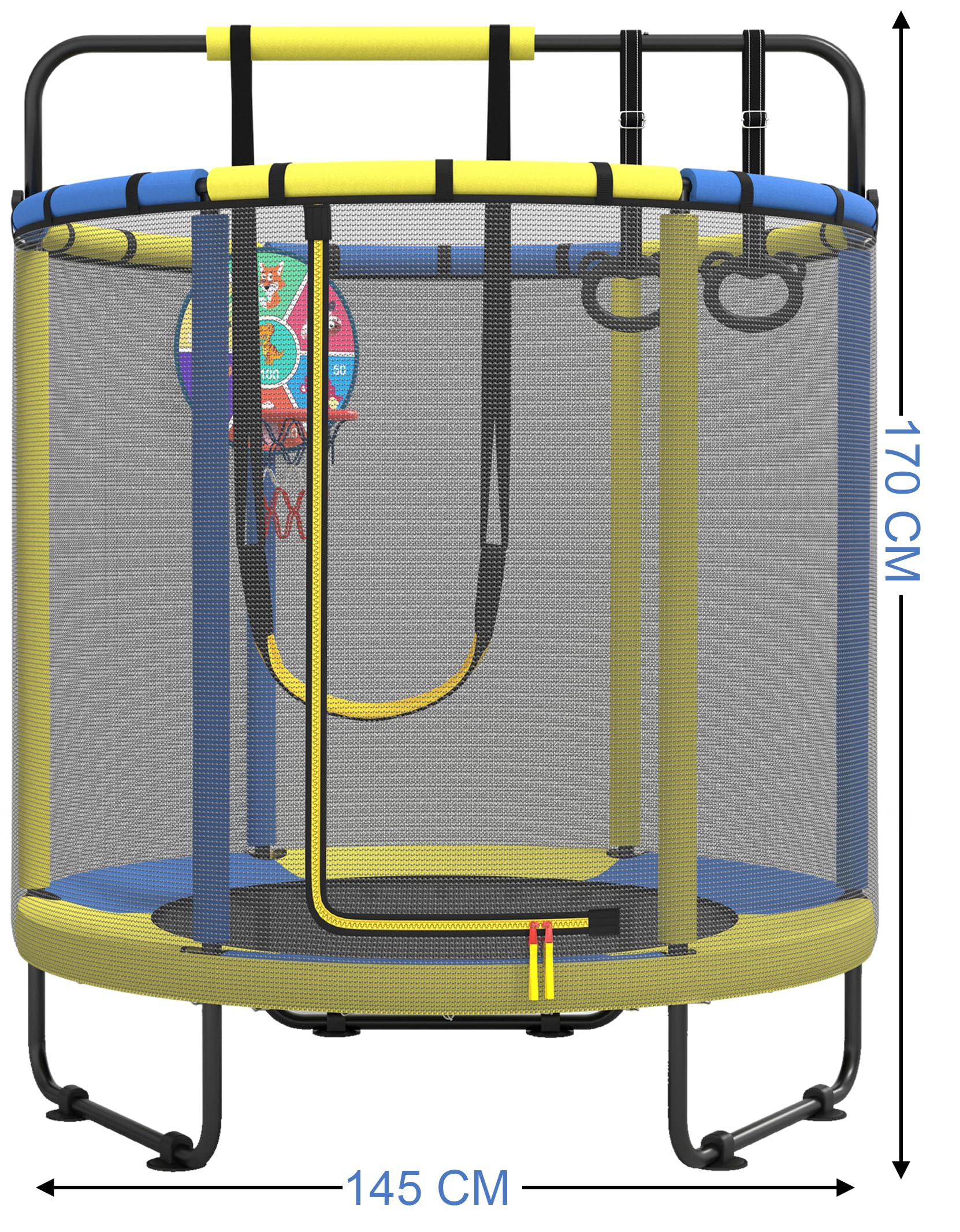 PILIN Trampoline pour Enfants, Trampoline intérieur/extérieur avec balançoire, Barres de Gymnastique, cerceaux, Panier de Basket/fléchettes Inclus, 145cmx170cm, capacité de Poids 50kg