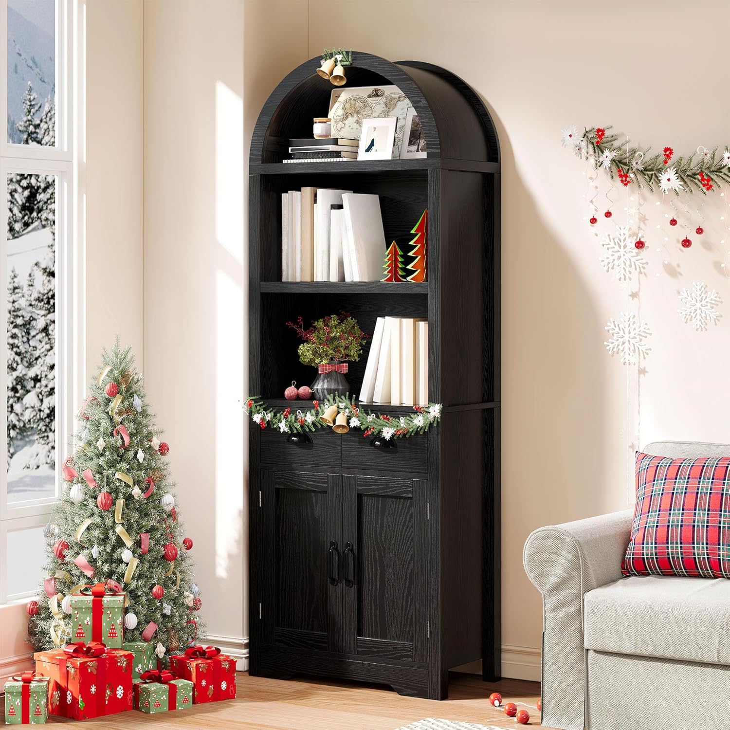 YITAHOME Tall Arched Black Bookshelf with Storage