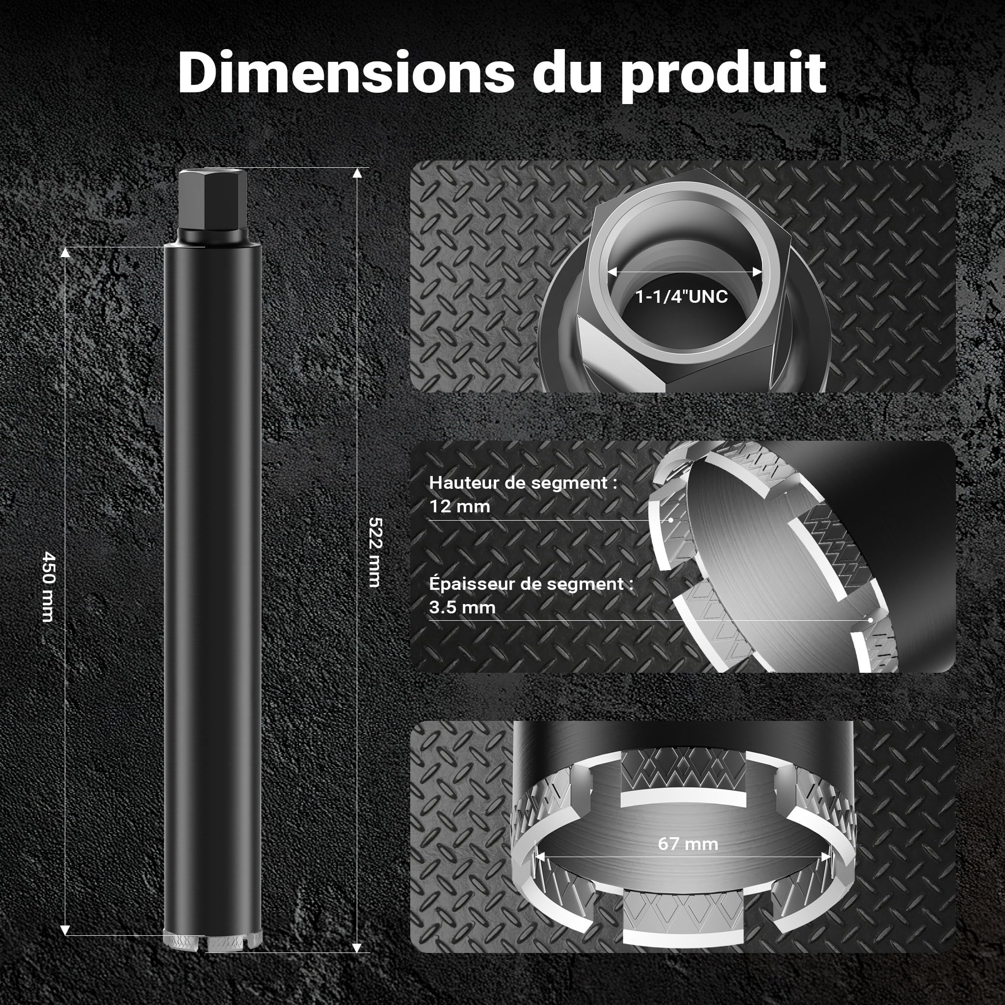 Wiltec Foret diamant pour Carotteuse Ø 67 mm – Haut rendement – 1¼ UNC – Longueur 450 mm – Métal fritté – Forage à humide – Chantier Carrelage Béton – Trépan Couronne Diamant