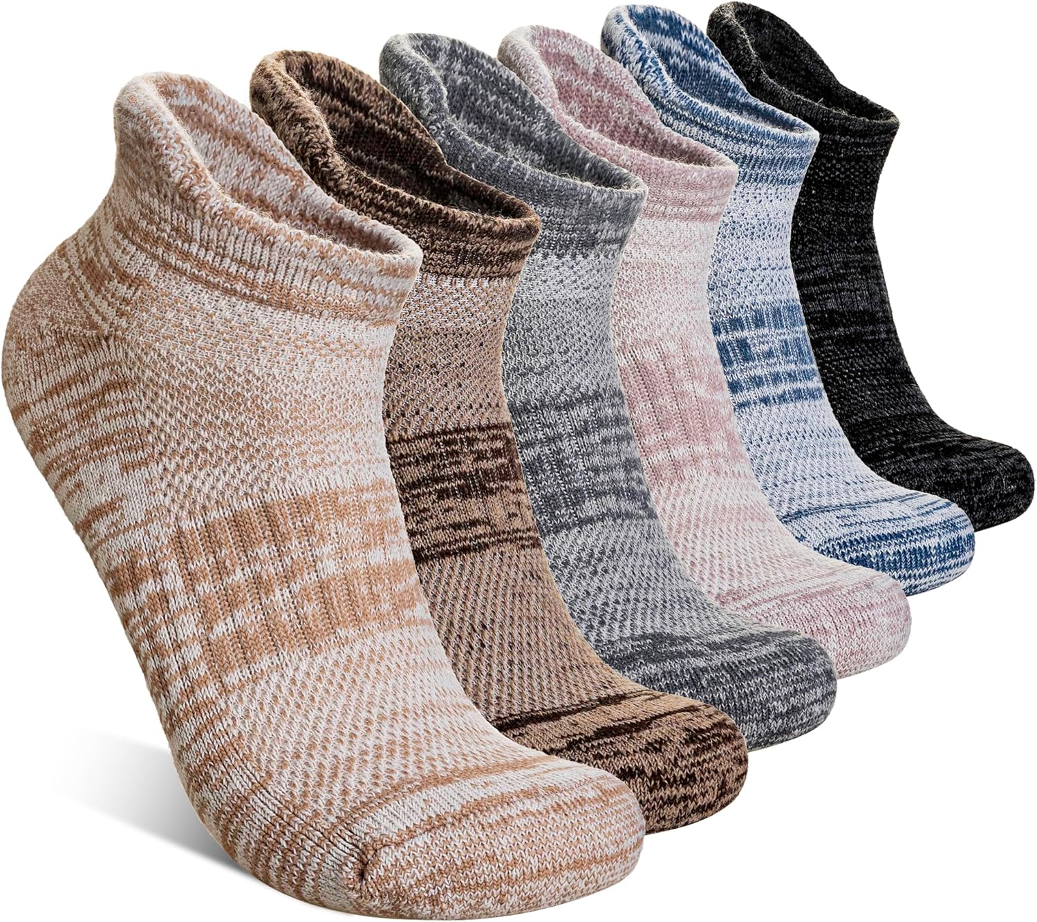 Merino Wool Ankle Socks Running Half Cushioned Men Women Hiking Thick No Show Socks 6 Pairs Black/Grey/Brown Medium