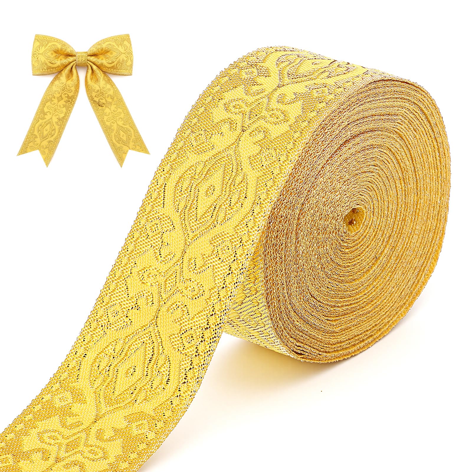 7.7 Yards Gold Jacquard Ribbon Trims,1-1/4 Inch Wide Gold Fabric Trim Boho Woven Jacquard Ribbon Golden Trim for Sewing DIY Craft Clothing Accessories Decorations