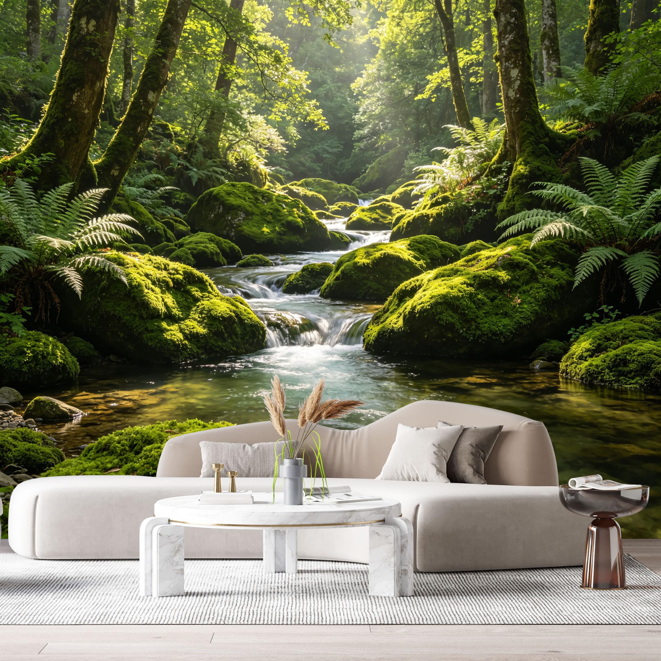Custom Size Wall Murals Mossy Forest Landscape Waterfall Stream Botanical Nature Green Woods SelfAdhesive Wall Fabric Removable Large Wallpaper for Photo Living Room