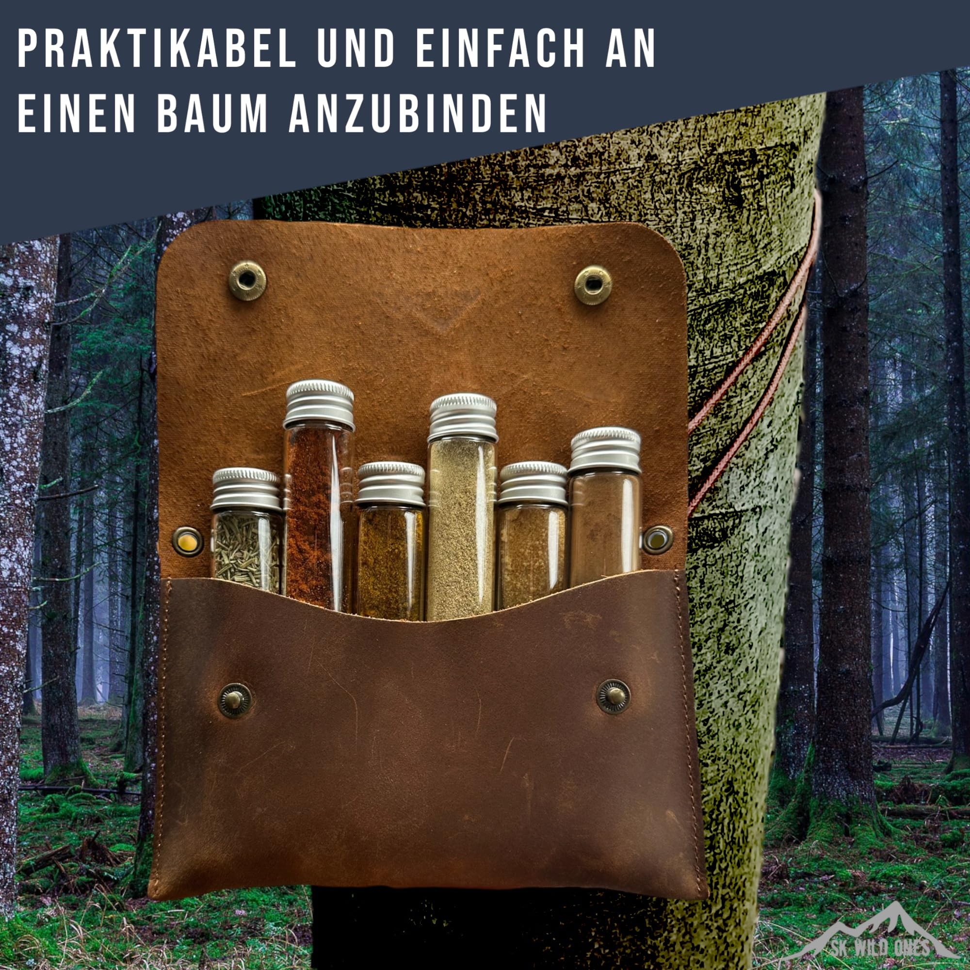 SK Wild Ones® Outdoor Gewürztasche - Echtleder Mit 6 Gewürzdosen Camping - Bushcraft - Reise Gewürze Set - Gewürzbehälter Camping - Outdoor Vanlife zubehör Gewürze Set Camping, Spice Bag,