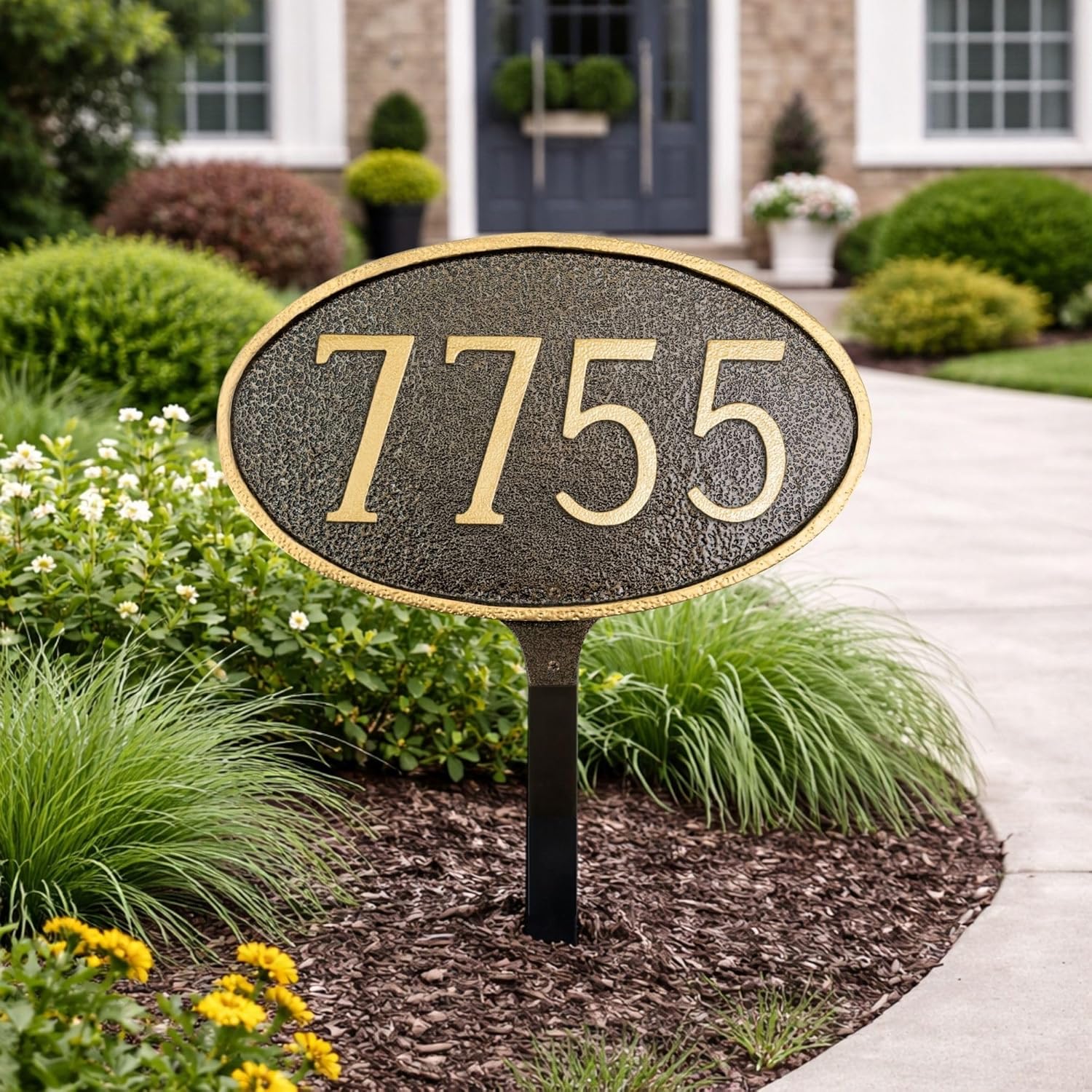 Montague Metal Products Cast Metal Address Plaque with lawn stake, USA Made Custom House Number Sign, Classic Oval,13.25 x 8 inches, Hammered Bronze with Gold