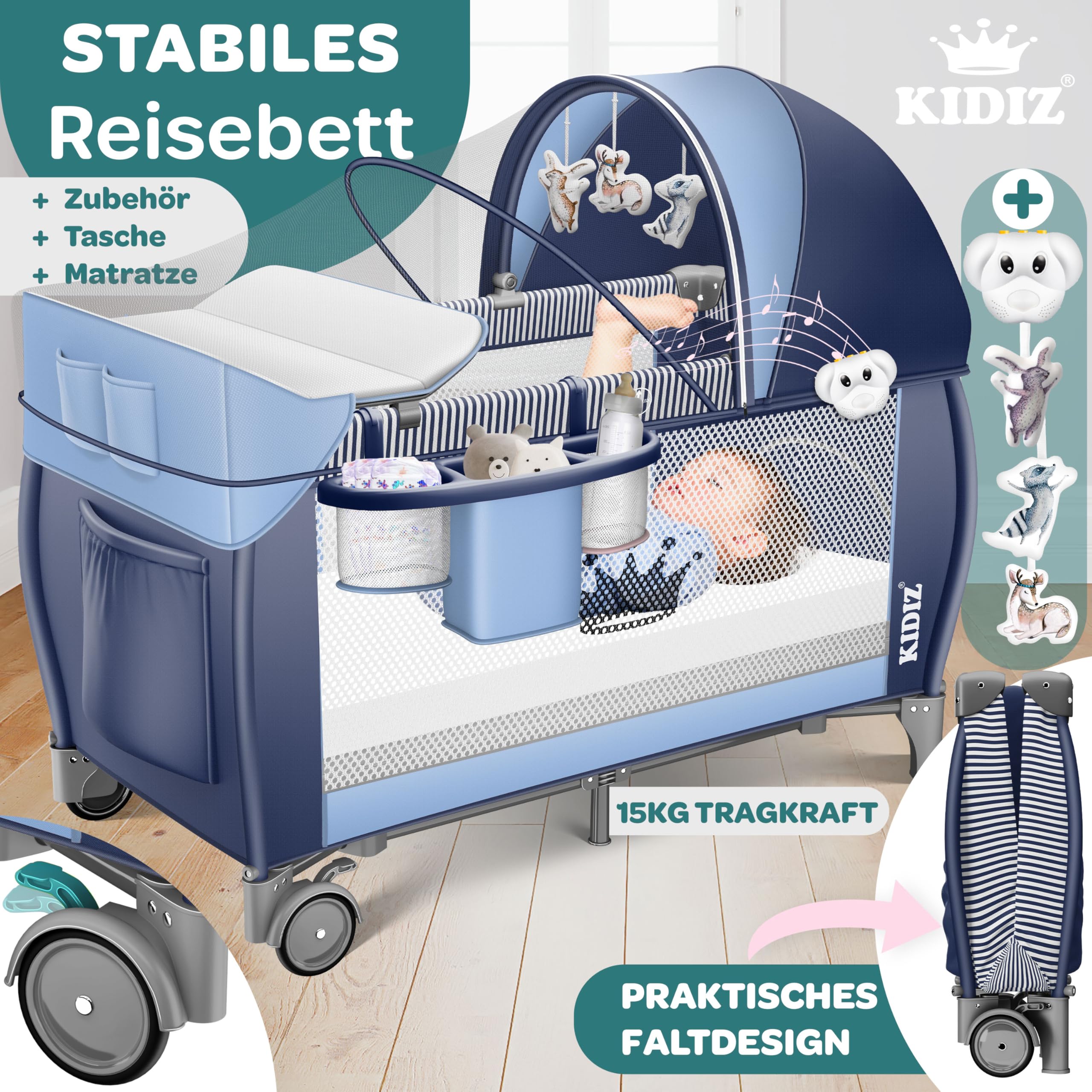 KIDIZ® Łóżeczko dziecięce 3 w 1, turystyczne, zestaw kombi, łóżeczko z przewijakiem, moskitiera, kojec, do 15 kg, przewiewne ściany boczne z wejściem bocznym, składana torba transportowa, niebieski