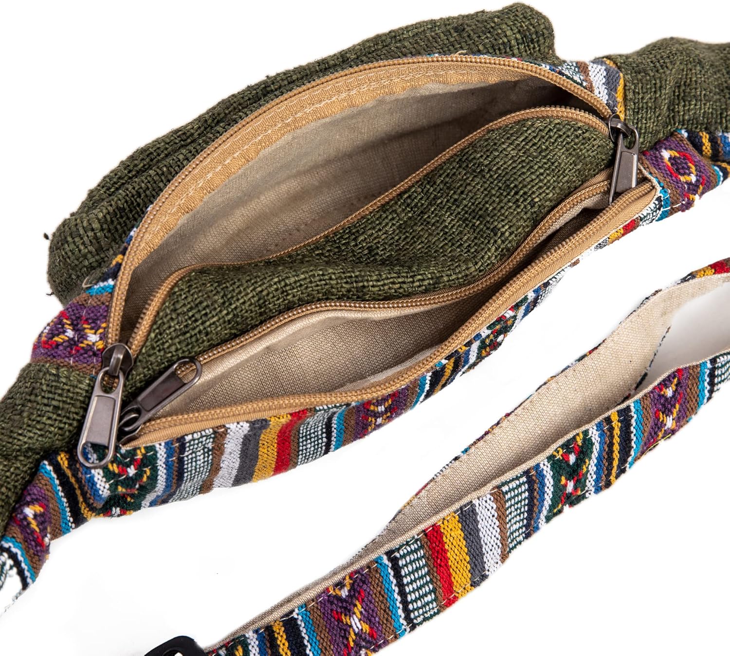 Freakmandu Eco-Friendly Green Boho Hippie Style Hemp Fanny Pack Cross Body Hip Waist Bag for Hiking Running Jogging (Safari) - Image 5