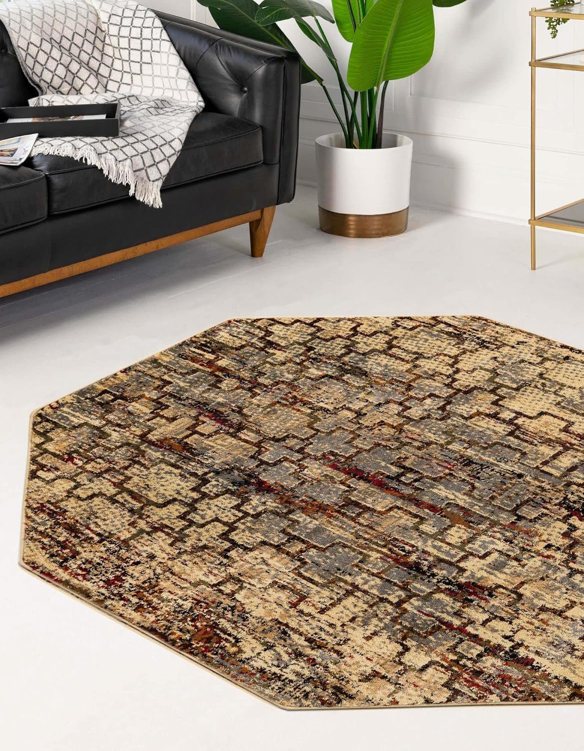 Unique Loom Saturn Collection Area Rug - Aura (Octagon 5' 3" x 5' 3", Beige Cream/ Black)