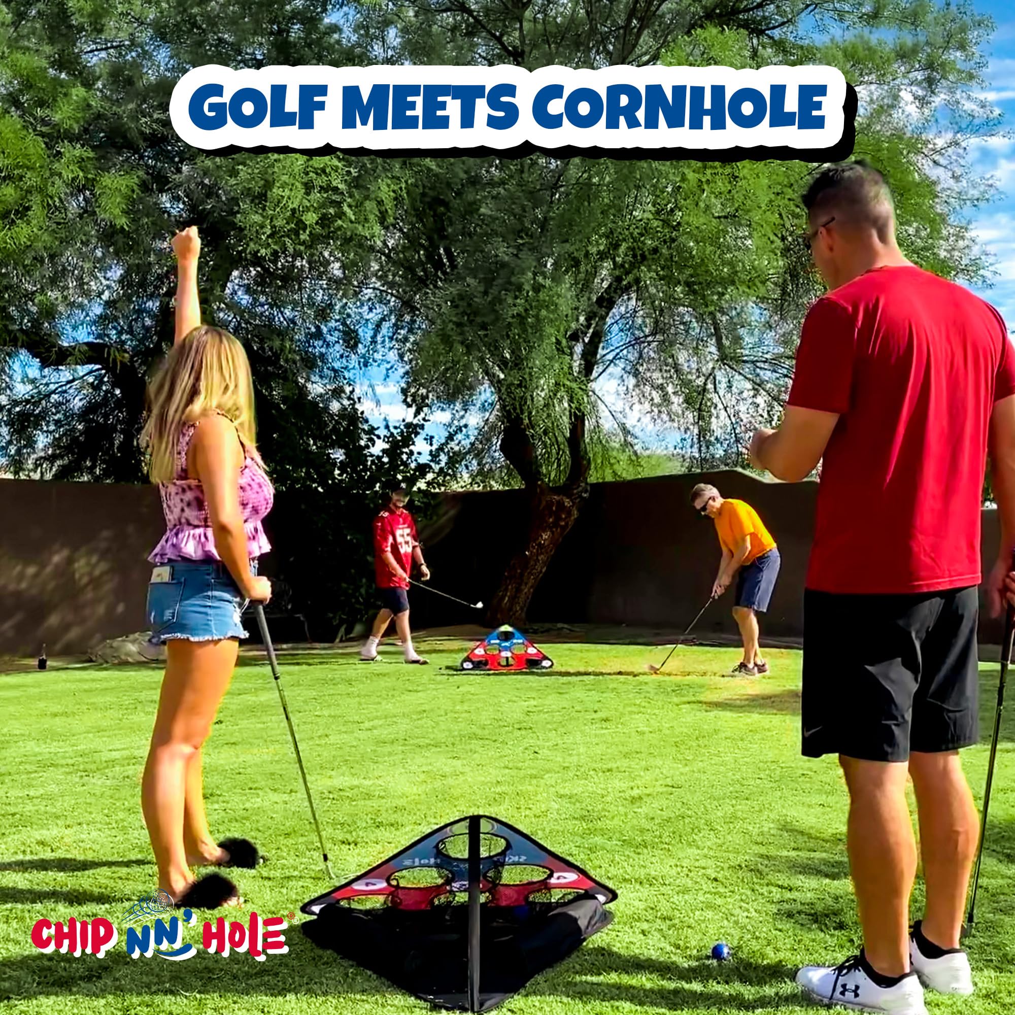 SCORE NN' Hole All-in-1 zestaw do gry w stylu Cornhole | skaczące kamienie basen Cornhole Game | Cornhole spotyka się z golfem | TOSS & ROLL Cornhole zestaw | pływający piwo pong i golf spotyka się z