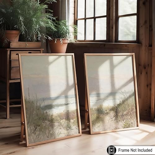 Miniatura 6 de Poster Master Póster de ilustración vintage de 2 piezas, impresión costera retro, regalo para artista, amigo, paisaje marino, playa, hierba, olas,