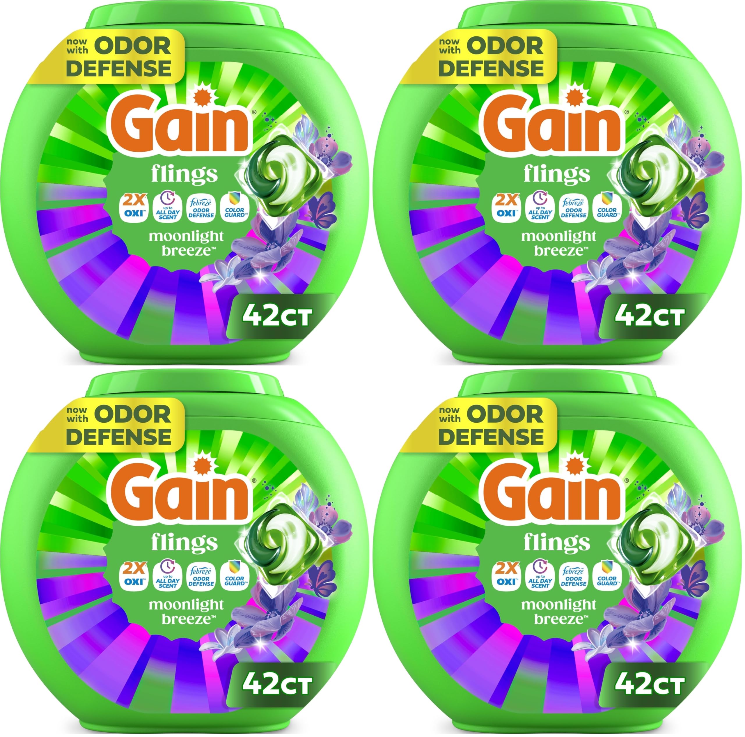 Gain Flings Liquid Washing Detergent Pods with Odor Defense + Color Guard, Moonlight Breeze Scent, 4-in-1 Liquid Laundry Detergent Pacs, Clean &amp; Fresh (Packaging May Vary) 42 Count (Pack of 4)