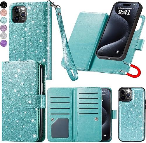 Varikke Funda tipo cartera para iPhone 15 Pro, funda magnética desmontable para iPhone 15 Pro con tarjetero y soporte, correa de muñeca de piel