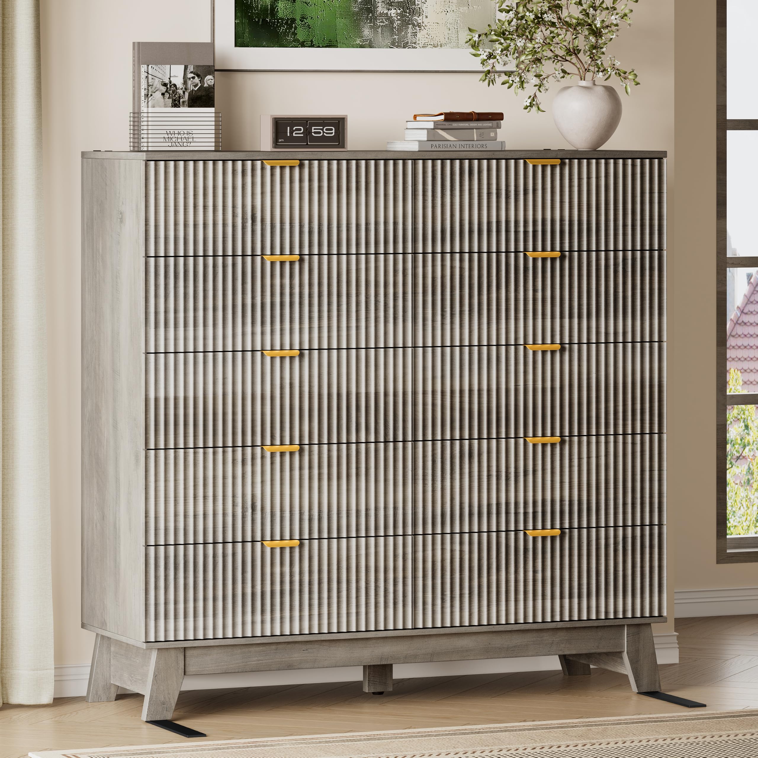 BORNOON 46" Tall Dresser for Bedroom, 10-Drawer Fluted Chest of Drawers, Modern Wood Highboy with Metal Slides and Handles, Anti-Tip Kit, Vertical Clothes Storage Organizer for Apartment, Closet