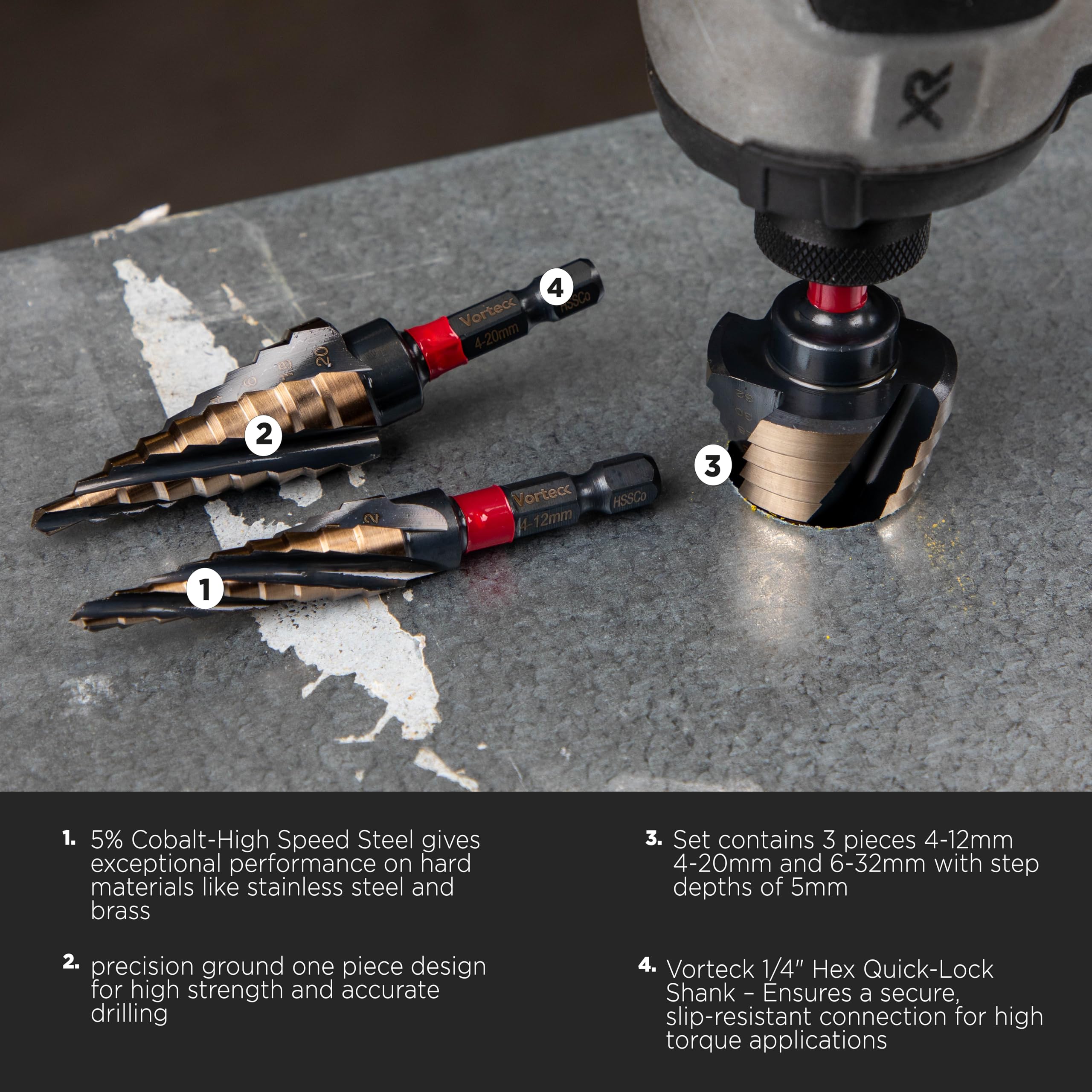 C.K Tools zestaw wierteł fazowych HSS Cobalt 3-częściowy zestaw wierteł stopniowych 4-32 mm, 5% stal szybkotnąca kobaltowa, Quick-Lock sześciokątny trzpień do stali nierdzewnej i blachy, zestaw