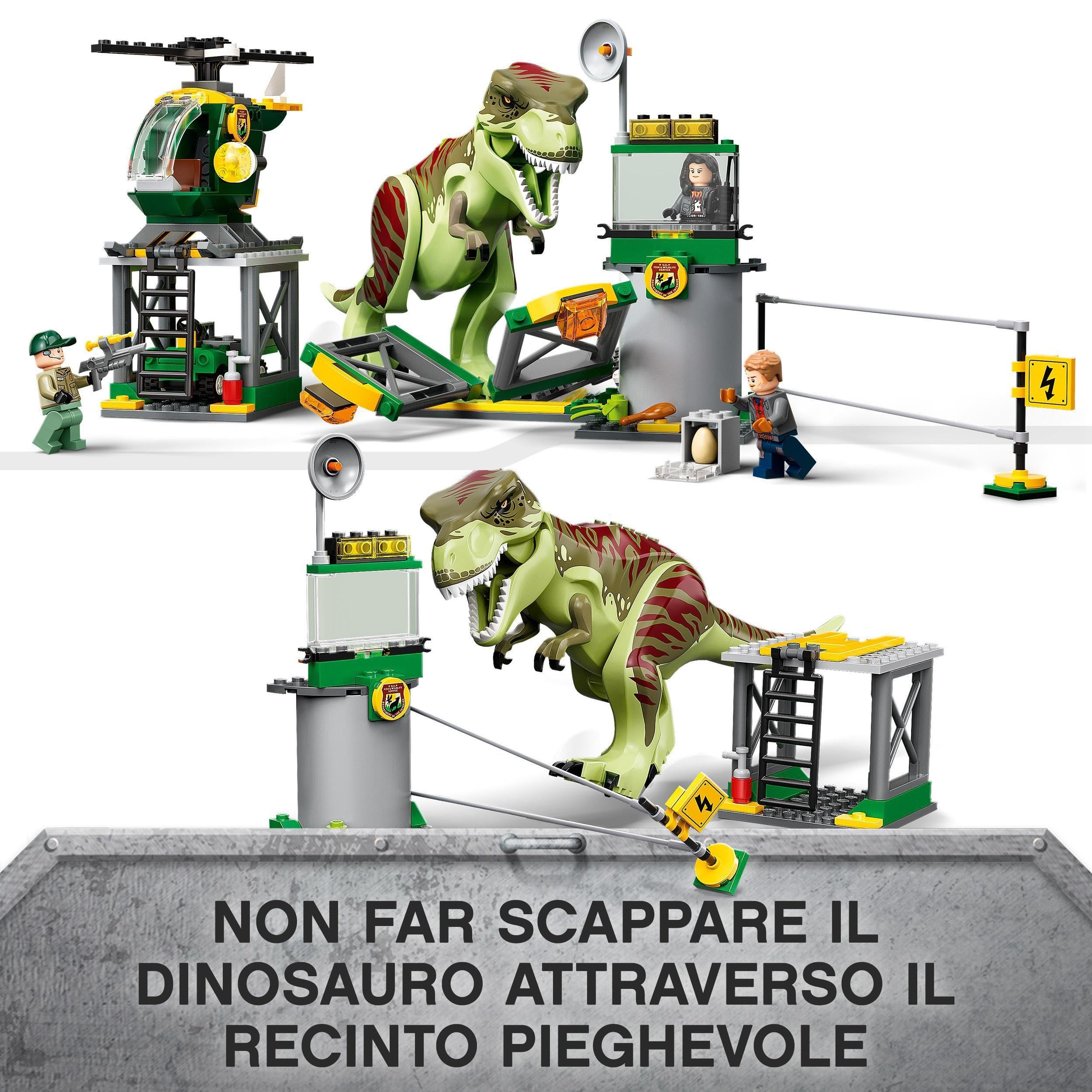 LEGO Jurassic World La Fuga del T. rex, Set con Eliporto, Garage, Veicolo, Elicottero, Dinosauro Giocattolo e 3 Minifigure, Giochi per Bambini e Bambine da 4 anni Fan dei Dino, Idea Regalo 76944