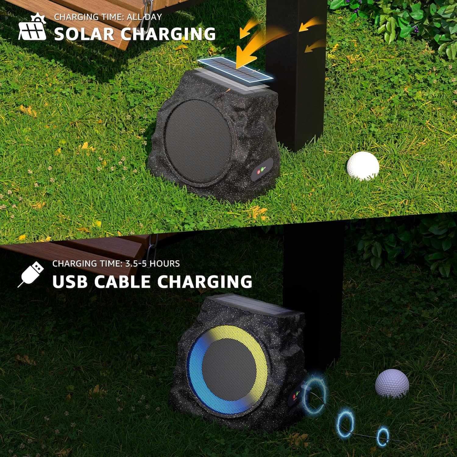 MIKK 2 Pack Solar Rock Speakers Outdoor Waterproof Patio with Lights Color,Multi-Sync Up to 100 Speakers Pairing Solar Powered Rock Speaker Rechargeable for Pool Party Yard Outside