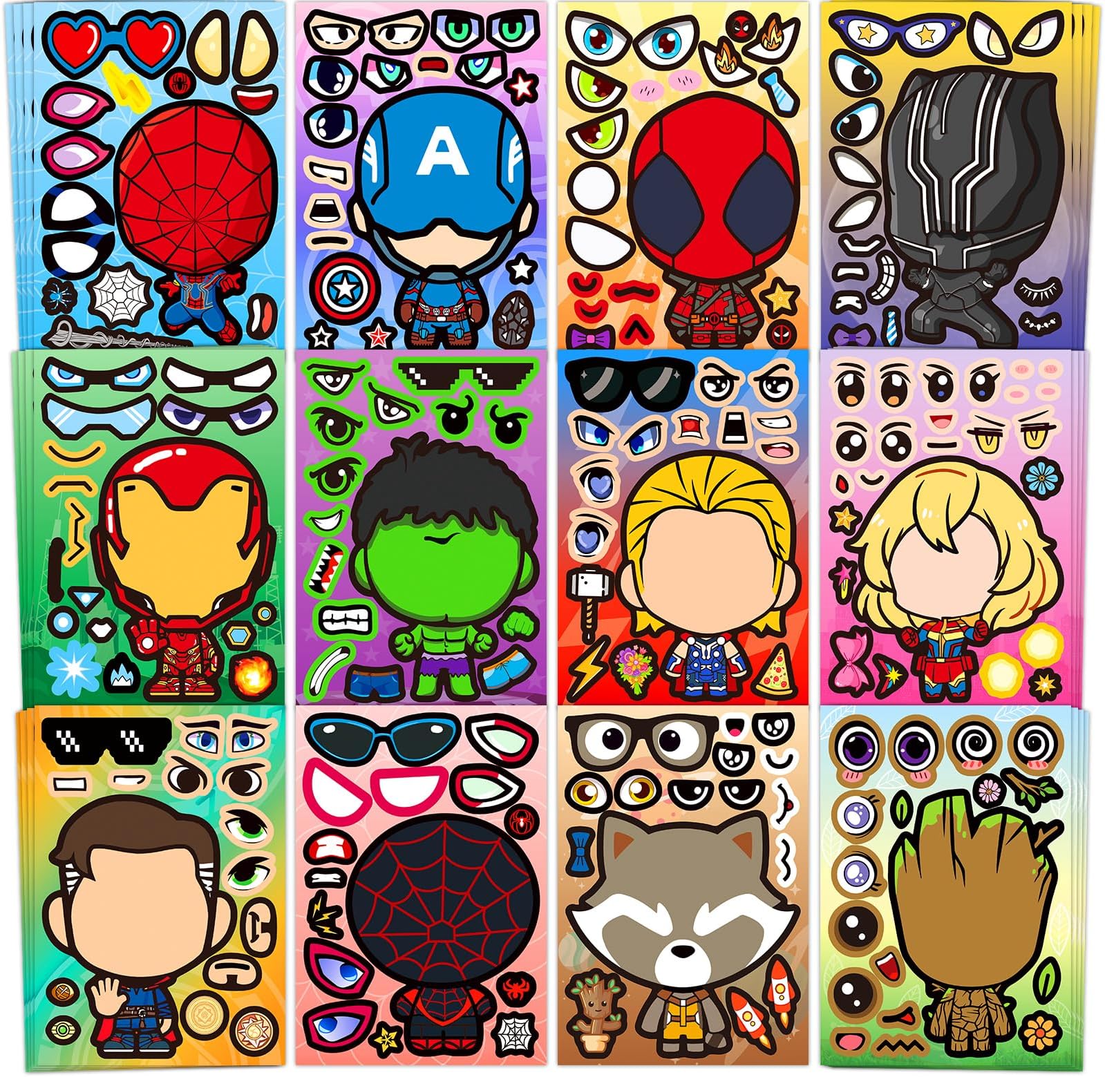 48 Sheets Make Your Own Stickers for Kids, DIY Make Superhero Face Stickers for Boys Girls, Party Favors Supplies Art Craft Family School Reward