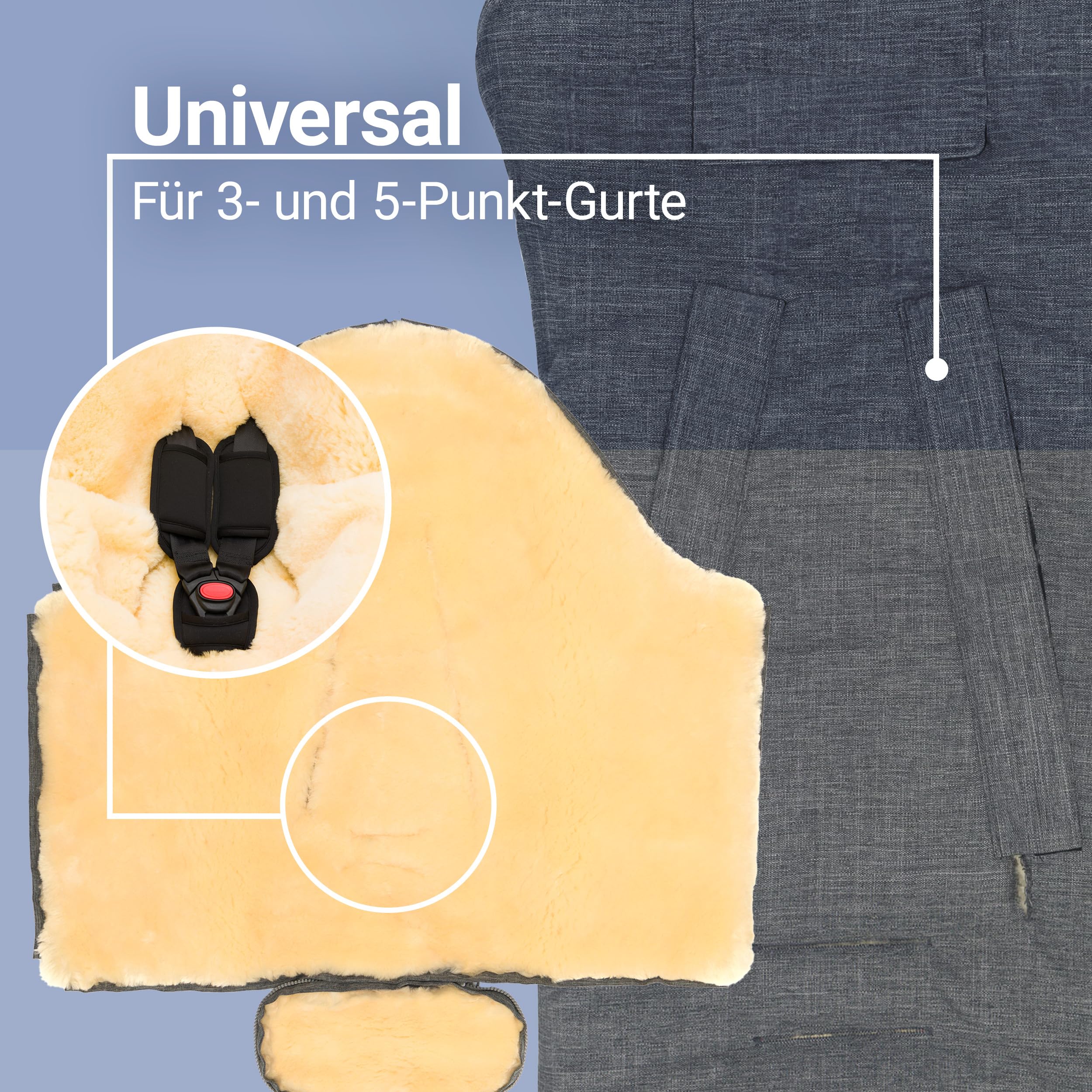 Zamboo Lammfell Fußsack für Babyschale und Kinderwagen Wanne - Universal Baby Winterfußsack aus Merino Lammwolle, für 3 Punkt und 5 Punkte Gurte - Grau | Universal Baby Winterfußsack aus Merino Lammwolle, für 3 Punkt und 5 Punkte Gurte