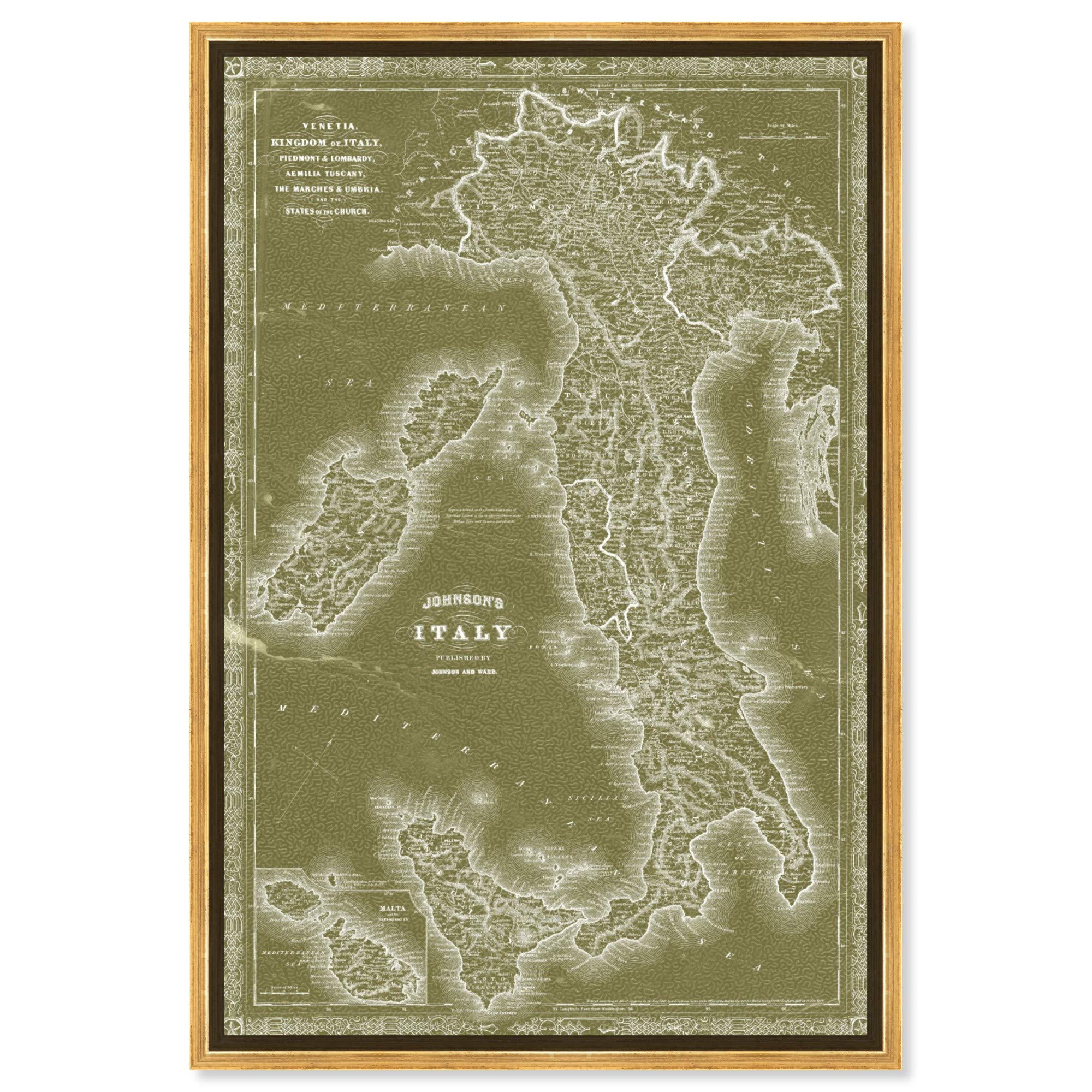 Hatcher and Ethan Flags Wall Art Framed Canvas Prints 'Italy Olive' European Countries Maps Home Décor, 10" x 15", Green, White