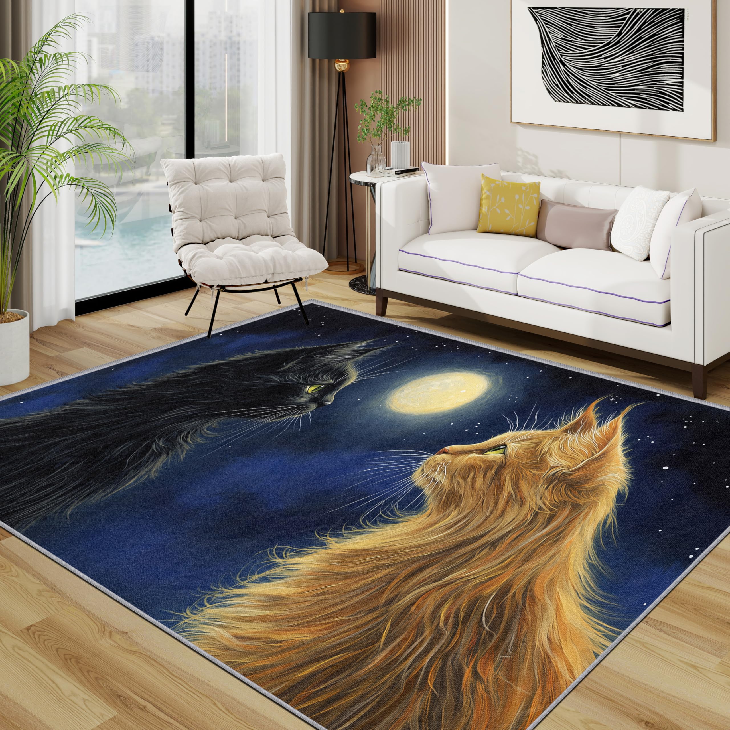 TerroVee Cat Rugs Living Room Large 140x200 - Romantic Kitten Animal Bedroom Rug, Moon Starry Night Washable Non Slip Low Pile Carpet, Cat House Decor