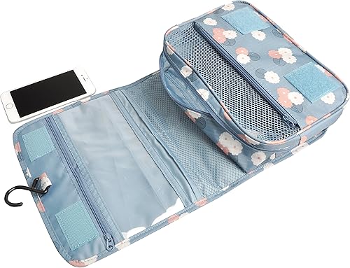 Vista 5 de Bolsa para productos cosméticos. Bolsa para colgar productos de tocador. Organizador de viaje, para hombre y mujer., Azul Flores), Azul