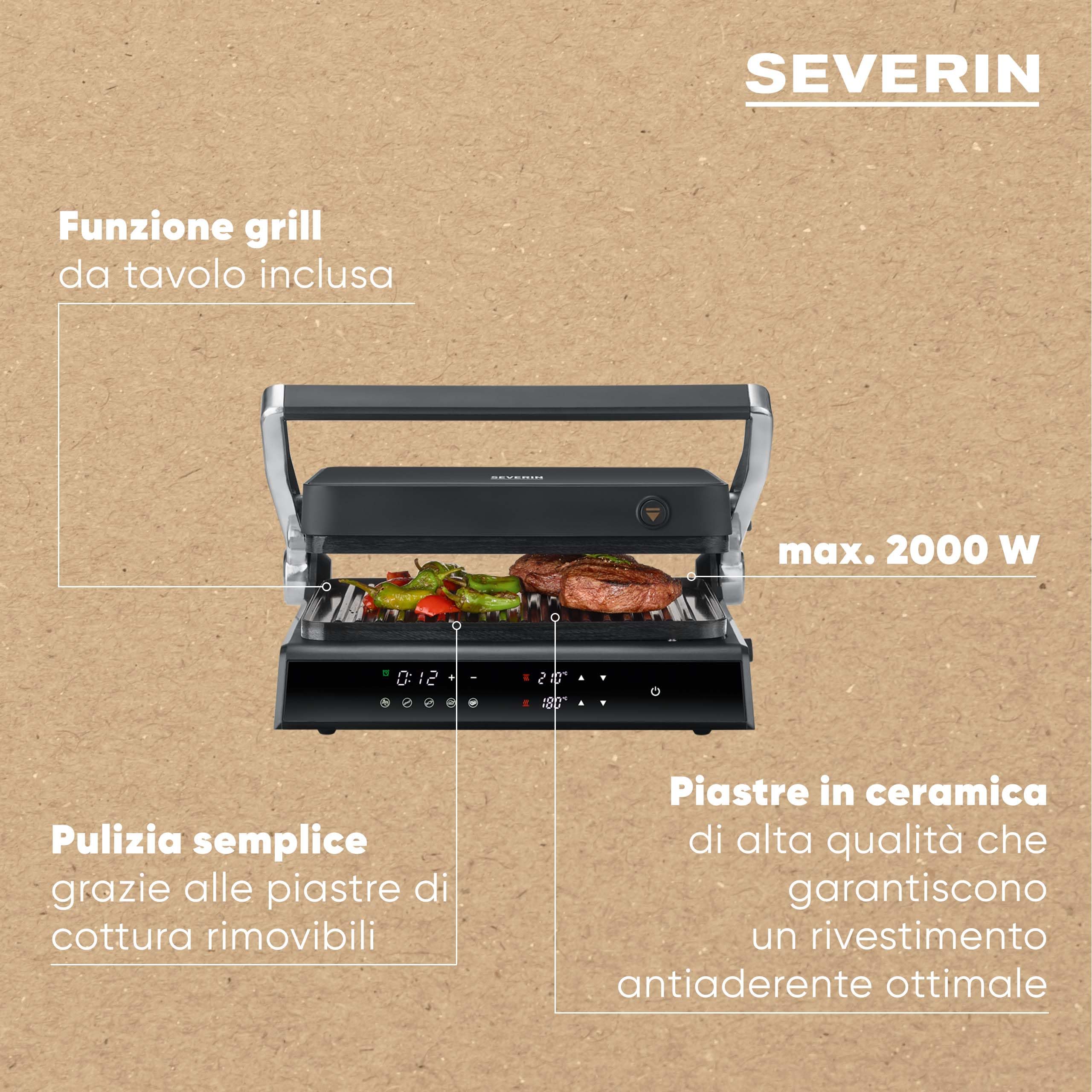 SEVERIN SEVINI Comfort per carne, pesce e verdura, macinino digitale per grigliare senza grassi con 5 programmi auto, rivestito in ceramica, per interni fino a 230 °C, 1800 W, nero, KG 2399