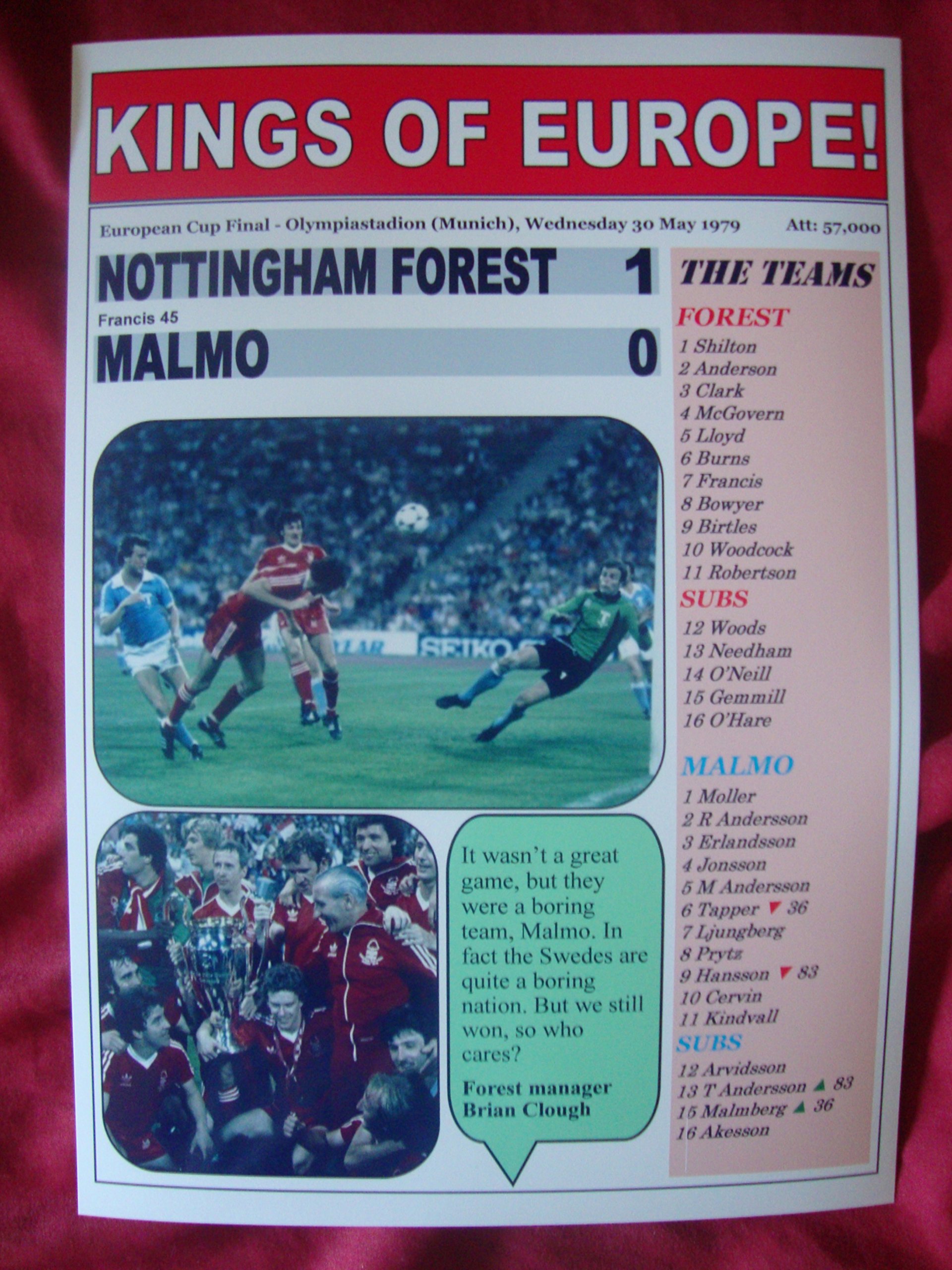 Lilywhite Multimedia Nottingham Forest 1 Malmo 0 - 1979 European Cup Final - Souvenir Print