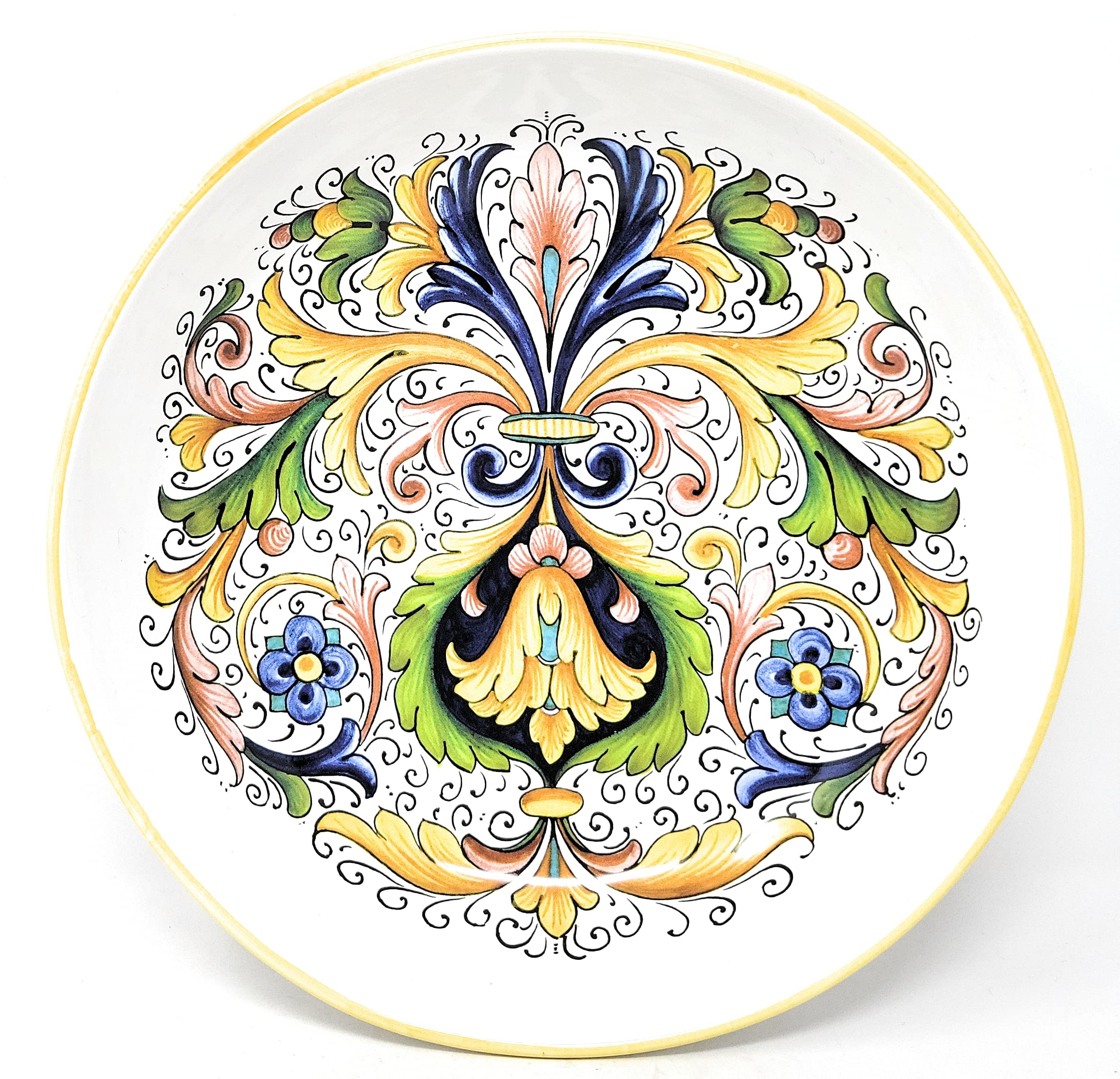 Nova Deruta Ceramic Pasta Serving Bowl, Pink and Green, With Yellow Amaryllis, Gold Trim, Made in Italy, Italian Earthenware for Sur La Table, Dish 11.25" wide x 2.75" tall