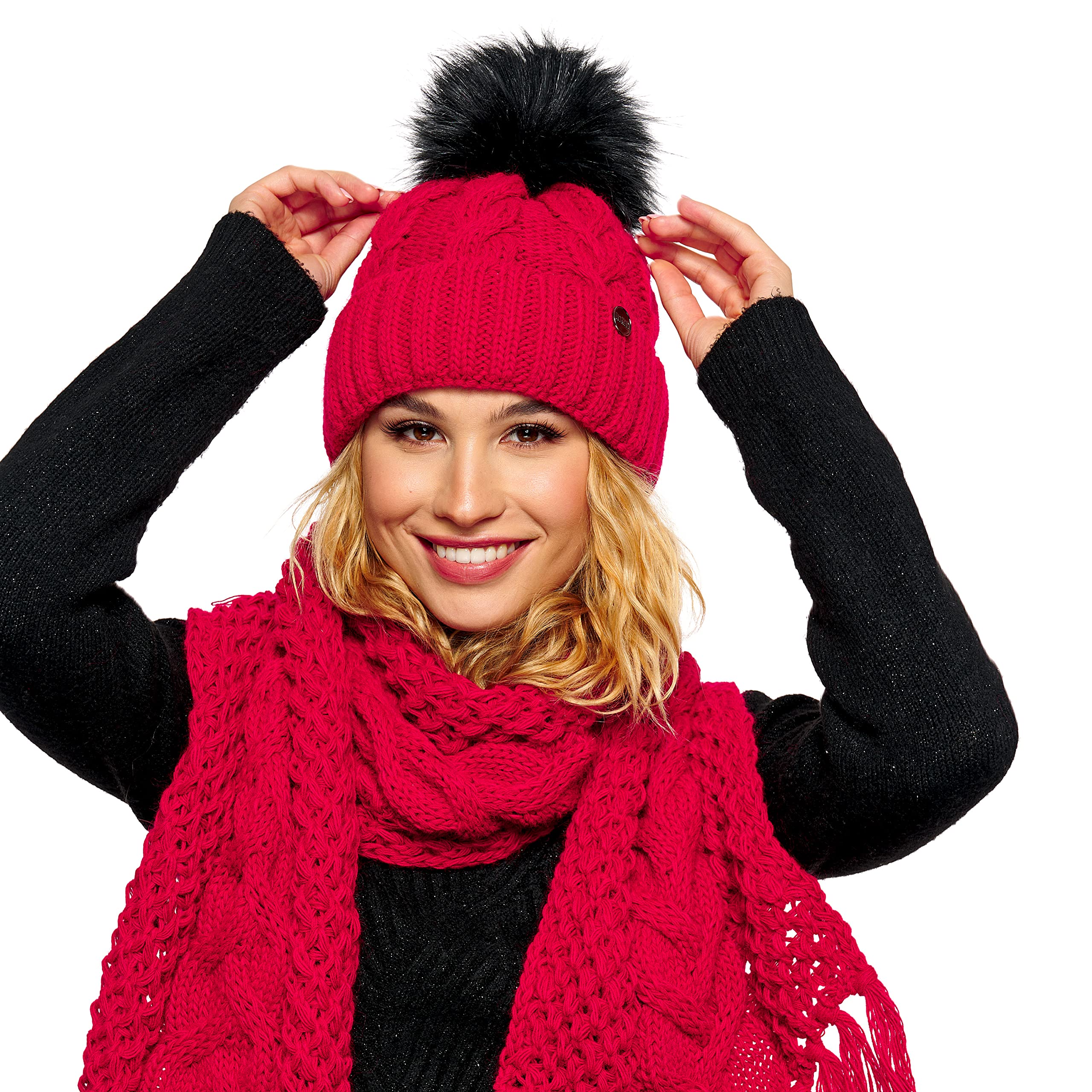 ELIMELI® Bonnet d'hiver pour femme avec pompon en fourrure polaire doublée – Bonnet chaud pour femme – Bonnet d'hiver avec pompon en fausse fourrure – Bonnet en tricot Slouch fabriqué en UE